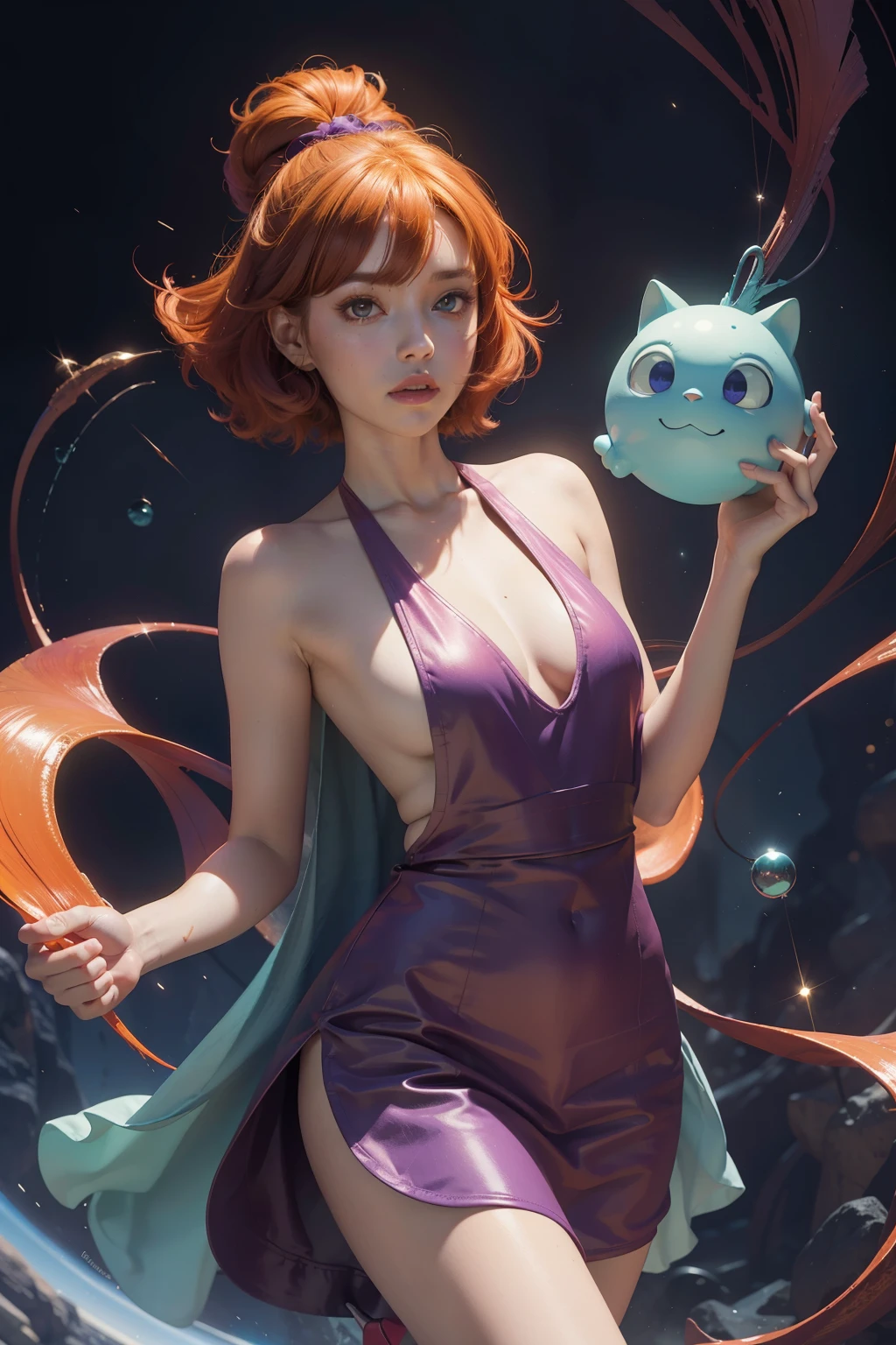 concept art, overhead angle of a Will-o'-the-wisp, wearing Funny Somali Emerald deep orange Pinafore, Caramel hair styled as Short hair, fluorescent purple Hair tie, equirectangular 360, Highres,  [(art by Willi Baumeister:1.1), (art by John T. Biggers:1.2)::17], official art, unity 8k wallpaper, ultra detailed, aesthetic, masterpiece, best quality, photorealistic,naked