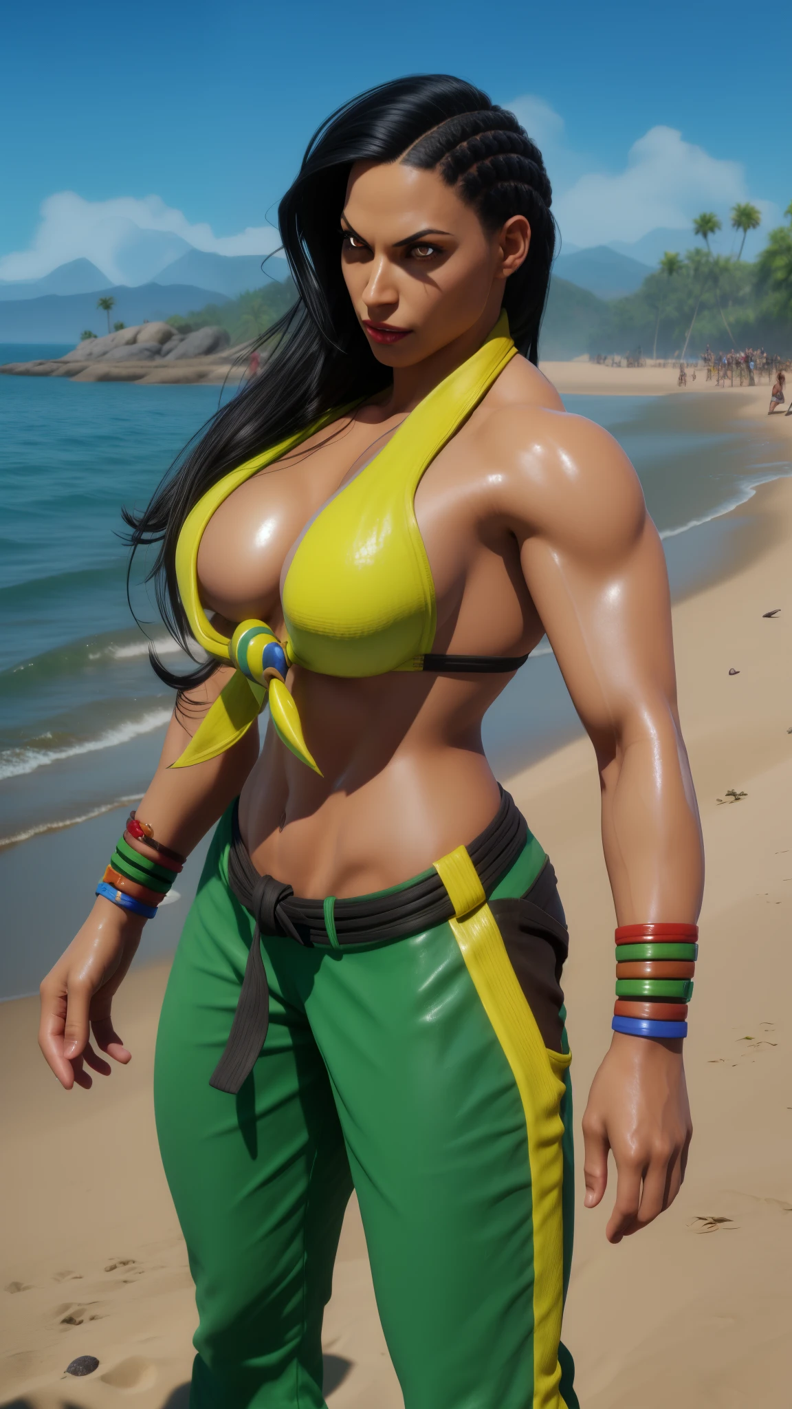 Laura, black hair, brown eyes, asymmetrical hair, 
front-tie top, bracelet, pants,  navel, belt, 
 standing,  upper body, 
beach, dusk, yellow electricity , 
(insanely detailed, beautiful detailed face,beautiful detailed eyes, masterpiece, best quality),
 