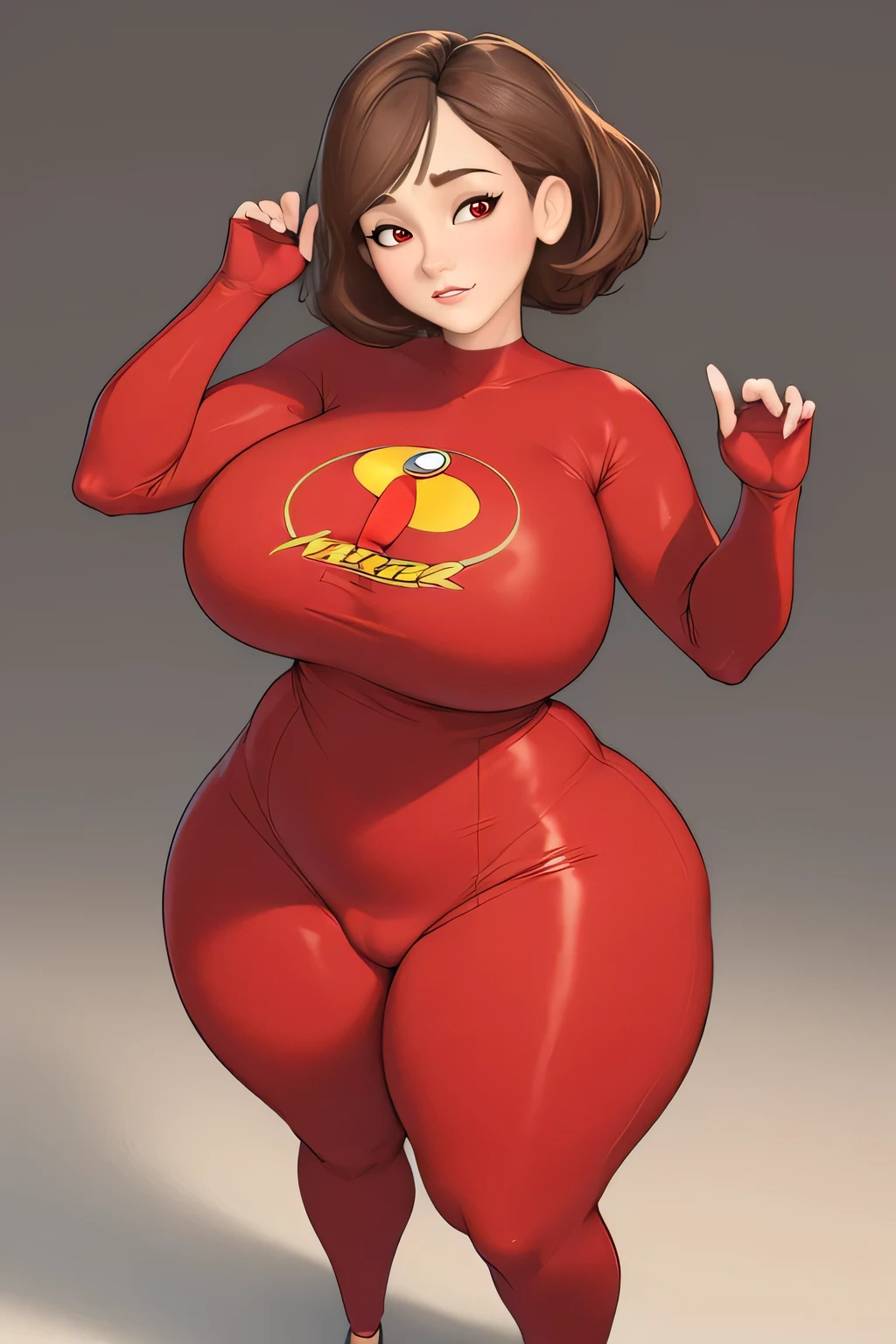 ((masterpiece)), ((photorealistic)), ((8k wallpaper)), ((best quality)), (perfect quality), solo, (detailed eyes), girl, Helen Parr, brown hair, short hair, very beautiful, young, pose: (sexy pose, front view, shy pose, standing), face : (young, makeup, (perfect face), thin face, detailed face, (simmetric face), (very beautiful face), very beautiful, cute face, young, big eyes), figure: ( (very full body), very full figure, (huge breasts), (very curvy), (very thicc), (very chubby), (very chubby belly), (very chubby belly bottom), very thick, (wide fat waist), (very thick waist), big deep navel, very soft, back rolls, fat rolls, (belly bulge), love handles, (sexy curves), sexy, muffin top, very thick thighs, thunder thighs) , clothes : (tight latex bodysuit, red bodysuit)