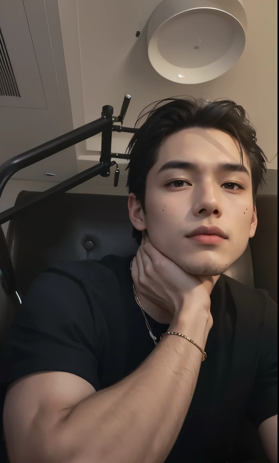there is a man sitting in a chair with his hand on his chin, androgynous face, XQC, lindo chad queixo, cute japanese demon boy, taken at the beginning of 2020, Hsiao-ron, imagem de perfil, Rick Dai, 1 Menino de 7 anos, rosto magro, half body head shot, handsome androgynous prince