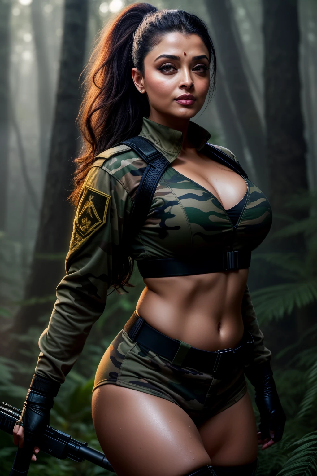 night scene, full body of aishwarya rai, army lady with guns, sweat on body, massive cleavage, large breasts, hourglass figure, posing in forest, wearing camouflage lingerie, knee high boots, wet hair, sexy jawline, seductive face, look at camera and smile, black ponytail hair, erotic adult face, 40 yo, soft volumetric lights, (backlit:1.3), (cinematic:1.3), intricate details, (ArtStation:1.2)