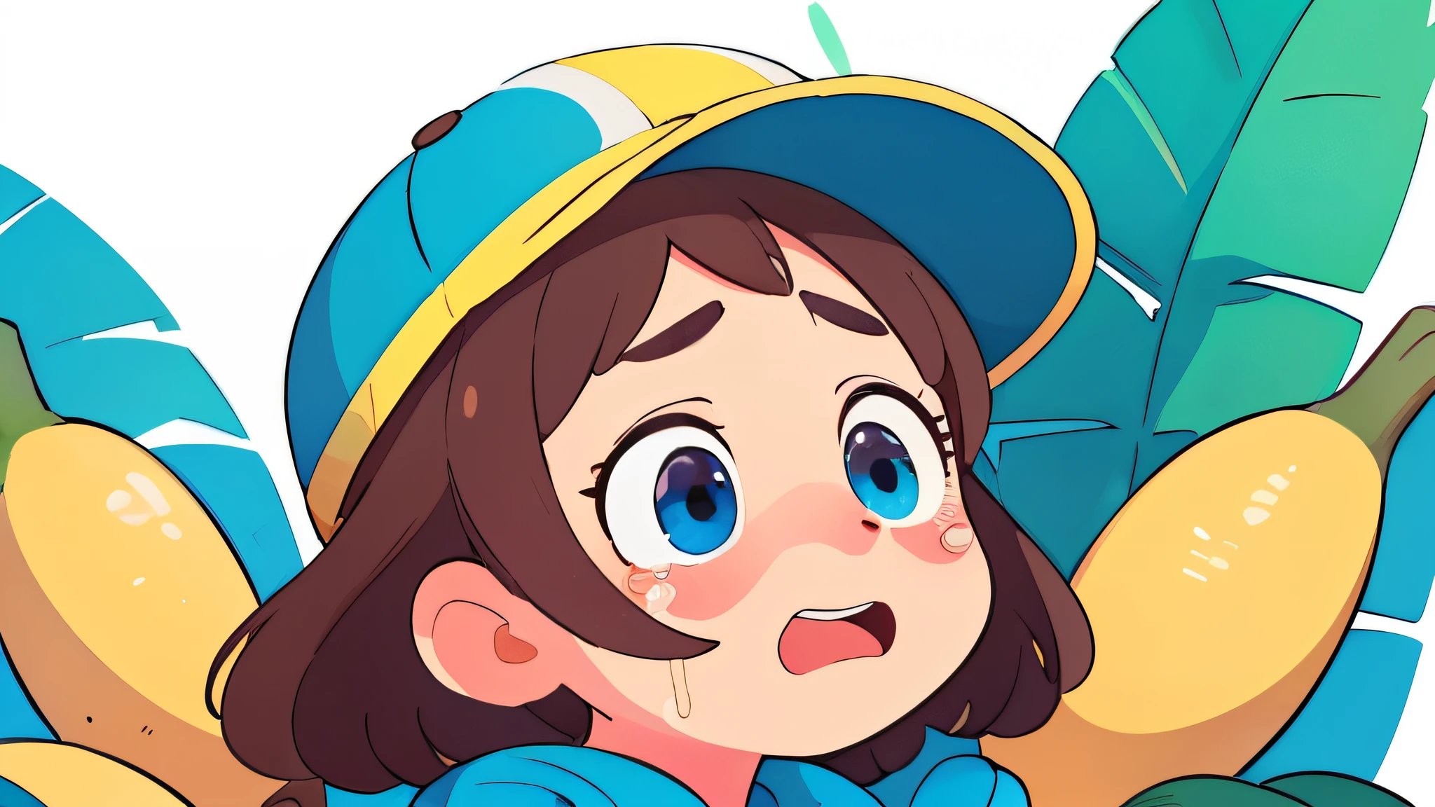 crying, tears, sad, banana hat, bananas background pattern, banana tree, blueish background, high detailed, fornite banana costume, shooting, explosion, high contrast, high saturation, guns, bananas, crying, big eyes, super close view, portrait, close up, front, girly brown hair, blue eyes