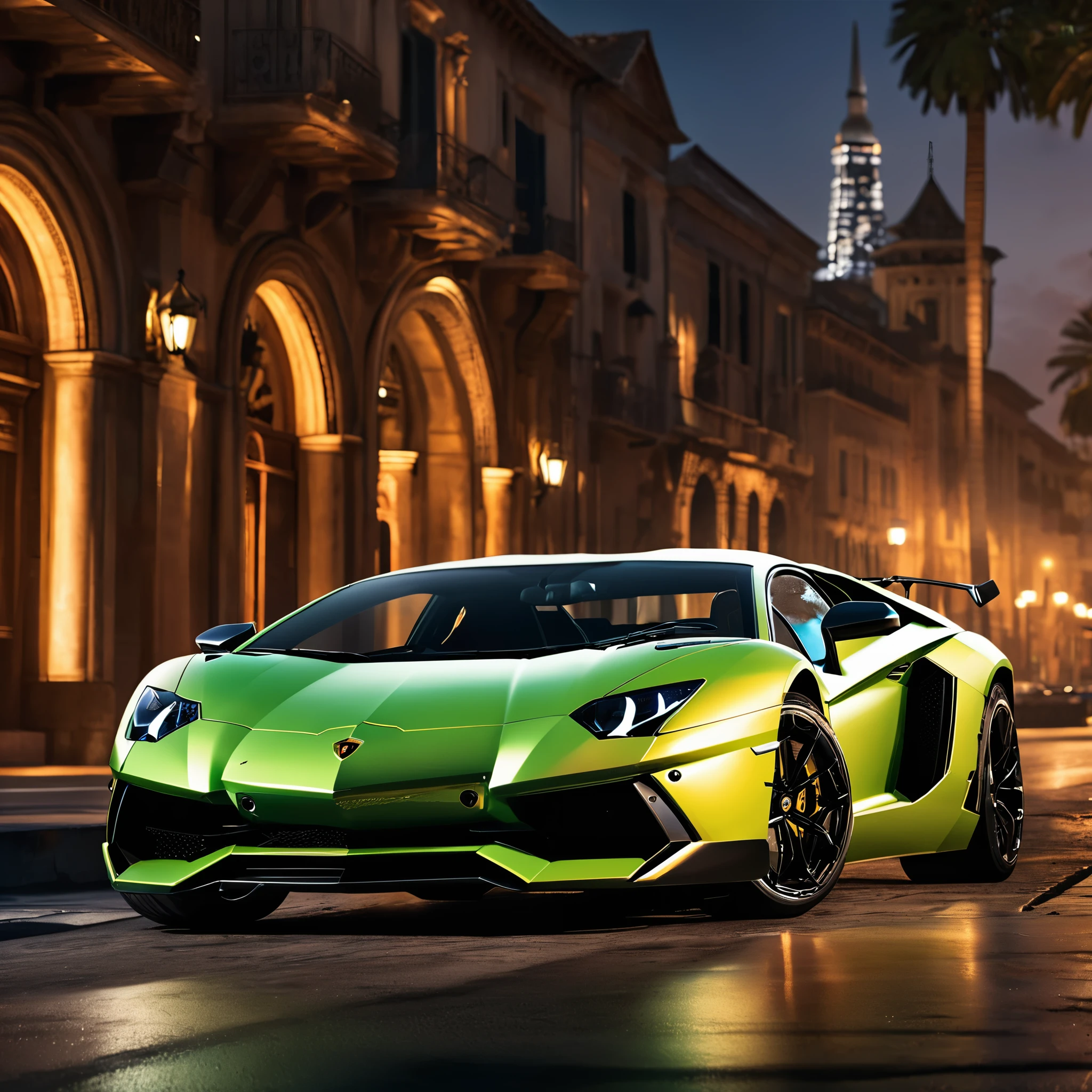 a Lamborghini aventador, (detailed stunning environment), cinematic, cover art, (low front angle), intricate, highly detailed, smooth, sharp focus, cinematic lighting, atmospheric, photoreal, 8k, Canon EF 200-400mm f/4L IS USM Extender 1. 4x Lens, stan Winston studio