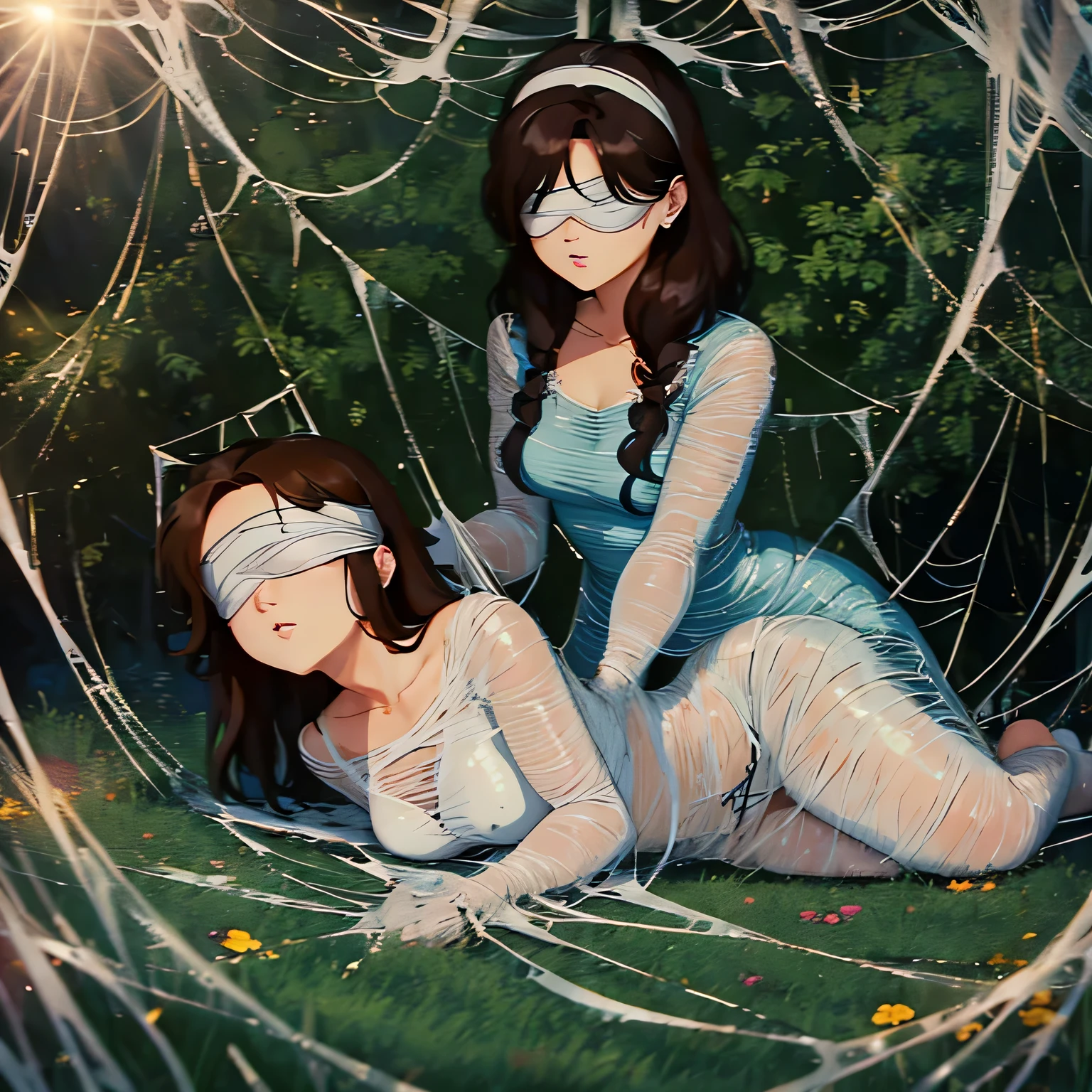 1girl,Spider weaves a net on a girl, very realistic, very detailed,bed,stretched,garden, struggle in the net,brown haired, very long sheer skirt,lying down,(blindfold:1.4),spider web