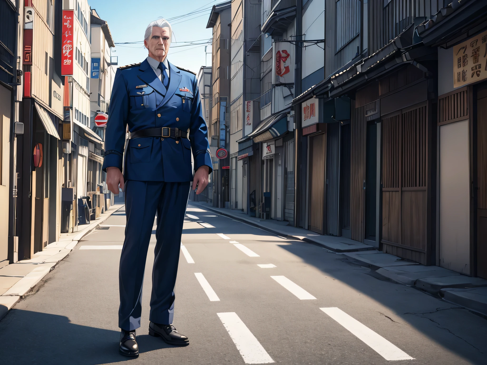 super fine illustration, Ultra high resolution, artwork, Highest quality, Perfect Lighting, Specific lighting, dramatic shadow, ray tracing, tall man, old man, 60 years old, strong, Japanese features, (short, straight, white hair) dressed in a simple blue military outfit, lieutenant rank,  standing in the middle of the street looking up a little (masterpiece)