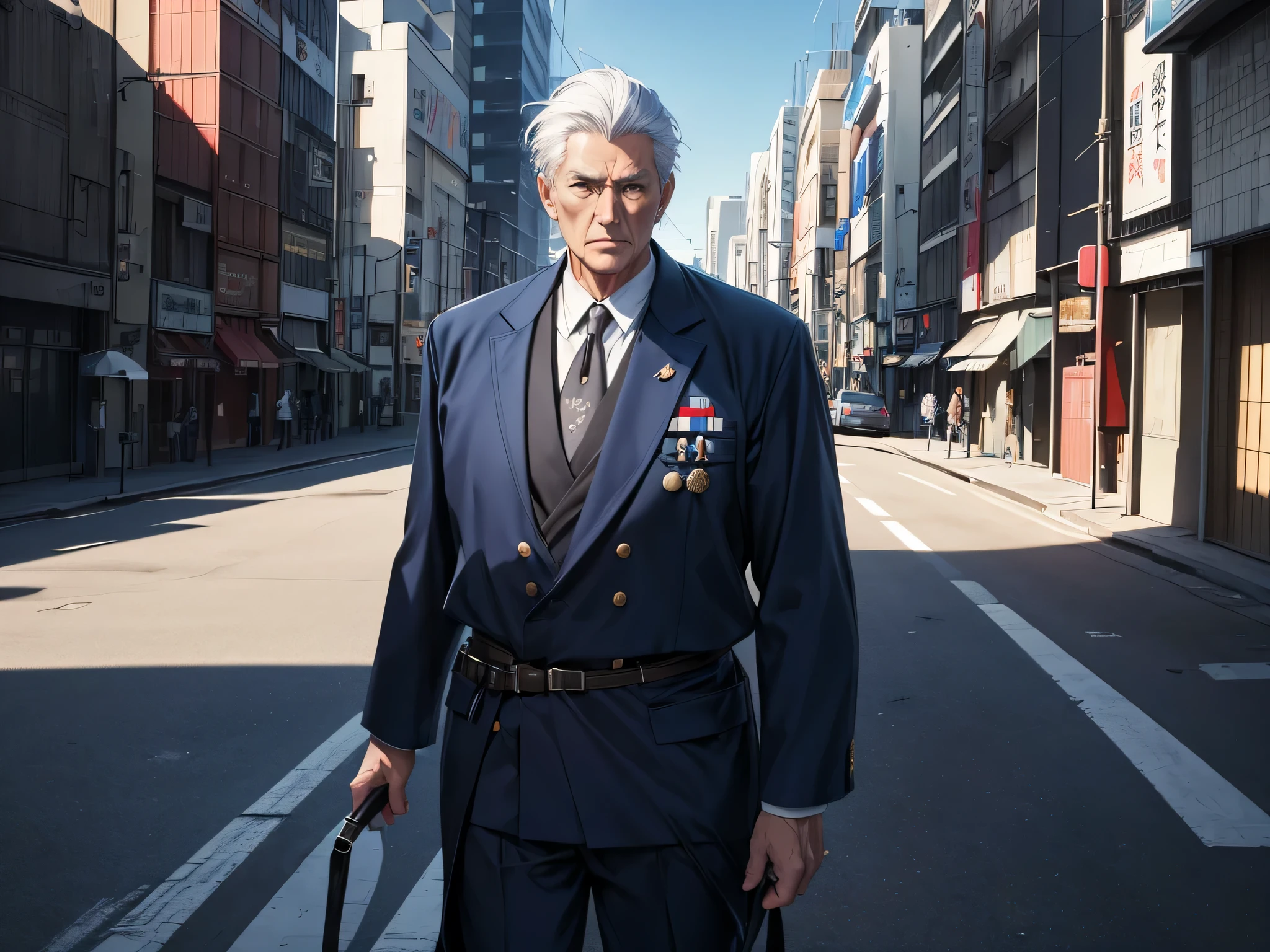 super fine illustration, Ultra high resolution, artwork, Highest quality, Perfect Lighting, Specific lighting, dramatic shadow, ray tracing, tall man, old man, 60 years old, strong, Japanese features, (short, straight, white hair) dressed in a simple blue military outfit, lieutenant rank, standing in the middle of the street looking up a little (masterpiece)