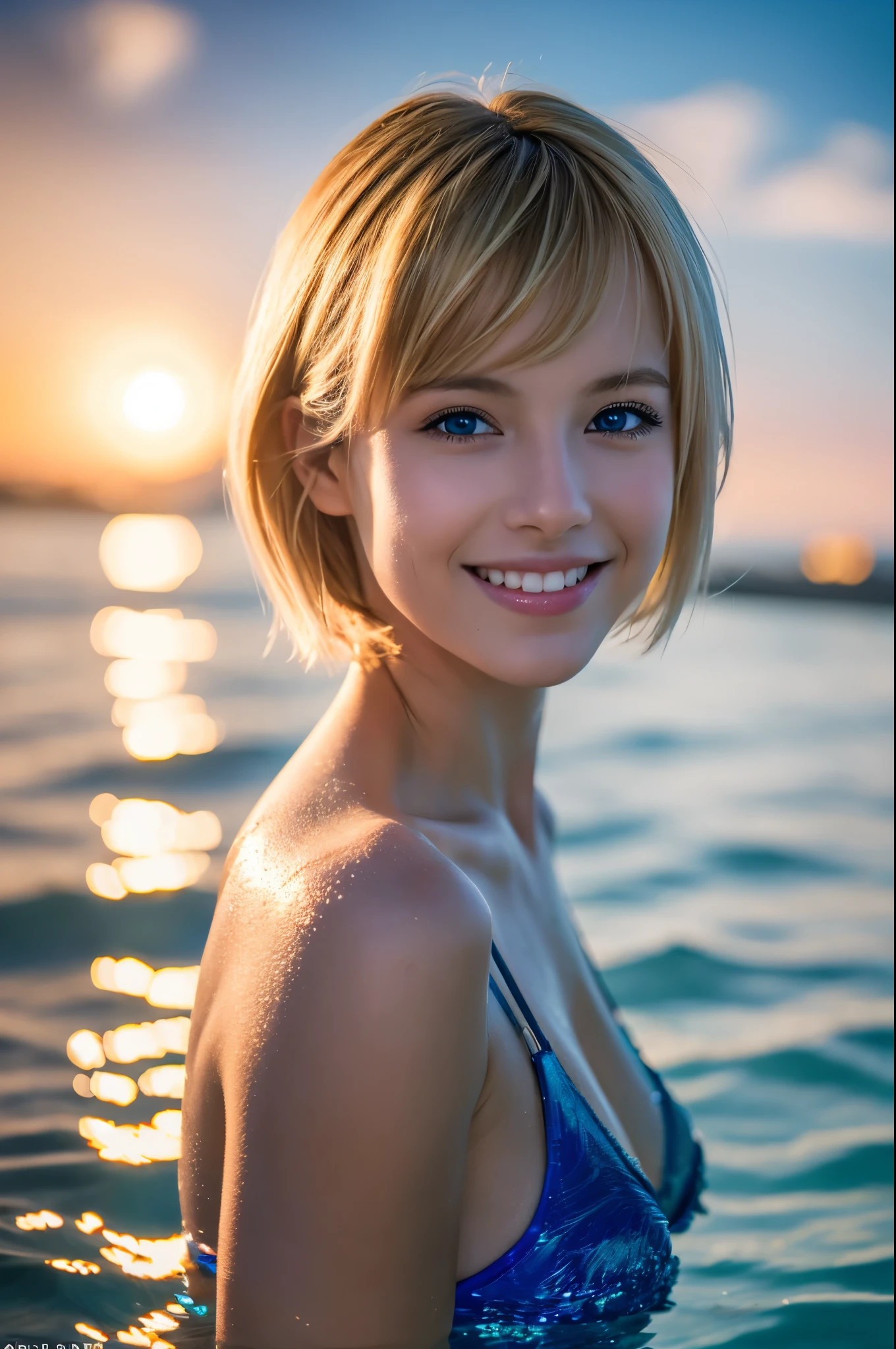 8K,American woman enjoying swimming in the sea,Super beautiful(like the real thing),model,Blonde short bob hair woman,sexyなビキニ,smile,masterpiece,Photorealistic RAW photos of the highest quality。bright colors,rich colors, Backlight, cinematic lighting, film grain, to be born, 50MM lens, Nikon D850,super realistic skin,fantasy art,character art,ultra high resolution,realistic scale skin,Perfect hand shape,view audience,smile,beautiful expression,Close-up,muscular slim body,Makeup,sexy,blue eyes,sexyなポーズ,