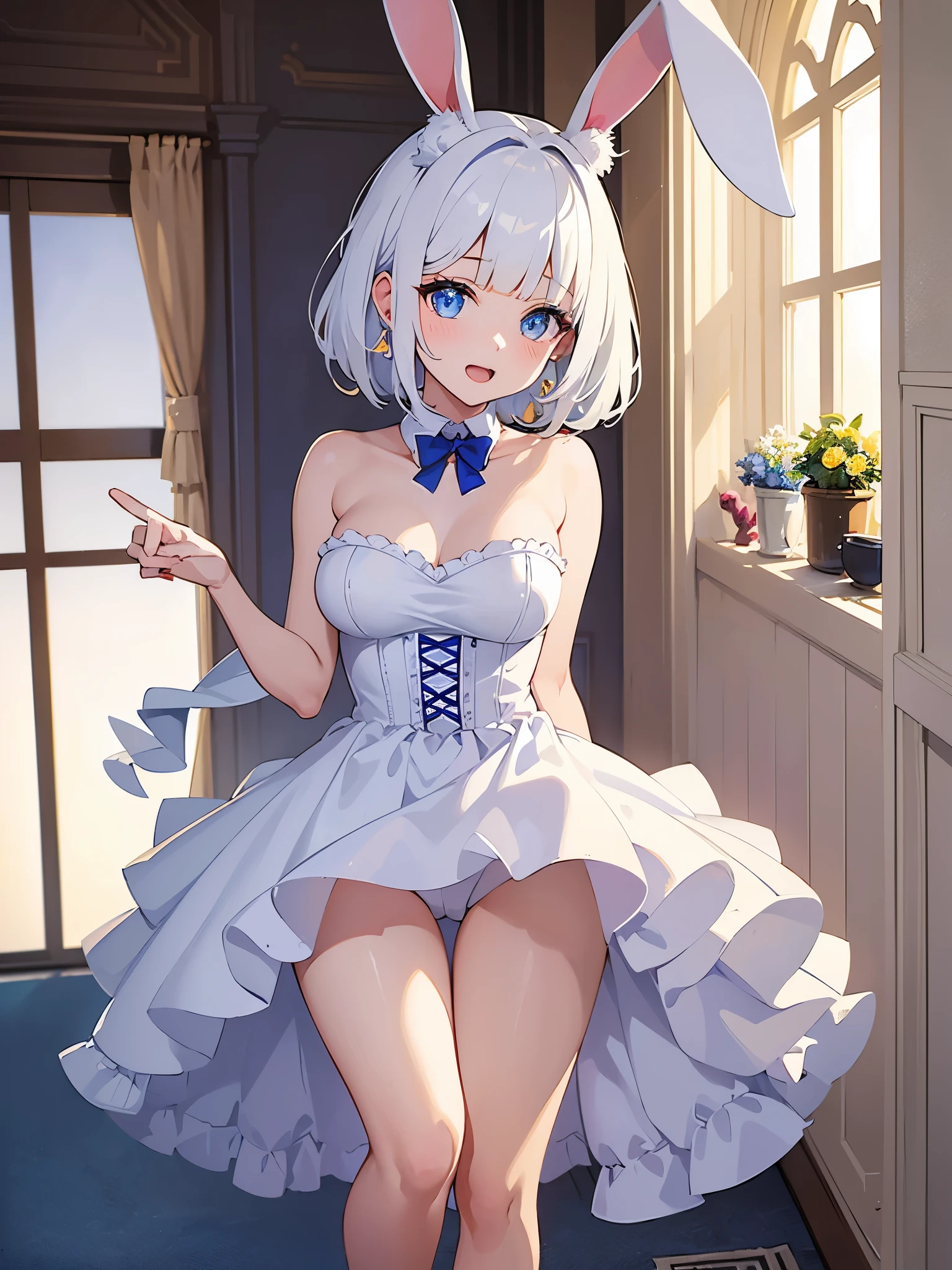 (masterpiece:1.3), (best quality:1.3), high resolution, couboy shot, leaning forward, body facing forward, (one cute girl:1.3), solo, white skin, big Breast, eight-headed person, light white hair, (bobbed hair:1.2), (short hair:1.1), (blunt bangs:1.2), beautiful hair, blue eyes, beautiful detailed eyes, open mouth, heart, cheerful smile, (rabbit ears:1.3), one piece dress, frill, white and blue clothes, miniskirt, earrings, indoors, bed, shadowlighting, far from the object, greeting, hand greeting, full body show, far,