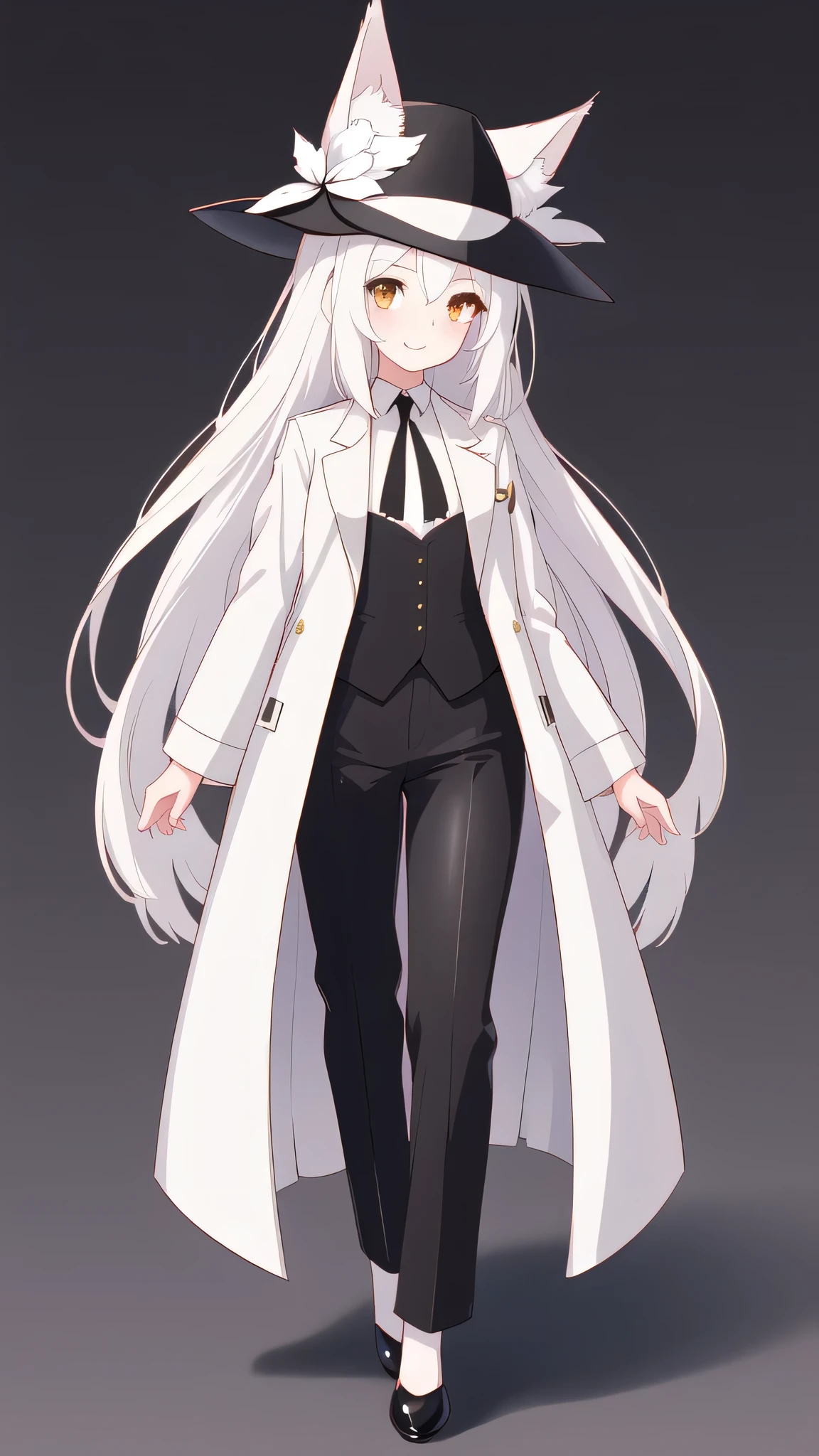 1 girl, smug, standing, best quality, (masterpiece:1.2) detailed, she has white straight hair, brown eyes, white fox ears, white skin, black elegant coat, with shirt with a black tie, black pants and shoes, a black fedora hat with a black feather attached, anime medieval house background, anime style, 8k wallpaper, ultra detailed, vibrant colors, perfect anime, detailed hands, detailed fingers, detailed hair

