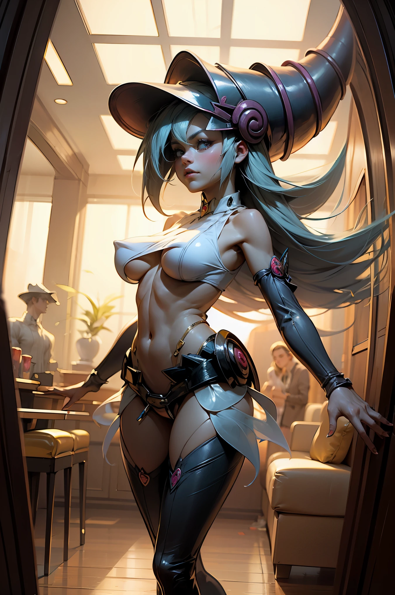 (Obra maestra:1.2), (La mejor calidad:1.2), perfect lighting, Chica Maga Oscura lanzando un hechizo, flotando en el aire, tetas grandes, escote, fondo de magia. Corazones transparente en el hambiente, bata azul, sombrero grande, desde arriba, Destellos, Yugioh Card en el fondo. En tacones y en bikini