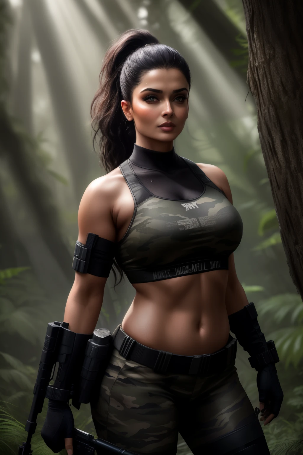 night scene, full body of SEXIEST 45YO MIL AISHWARYA RAI, army lady with guns, sweat on body, sweaty cleavage, MEDIUM breasts, mature milf hourglass figure, posing in forest, wearing camouflage hotpants and bikini top, knee high boots, wet hair, sexy jawline, seductive face, look at camera and winking, black ponytail hair, erotic adult face, 45yo, soft volumetric lights, (cinematic:1.3), intricate details, (ArtStation:1.2)