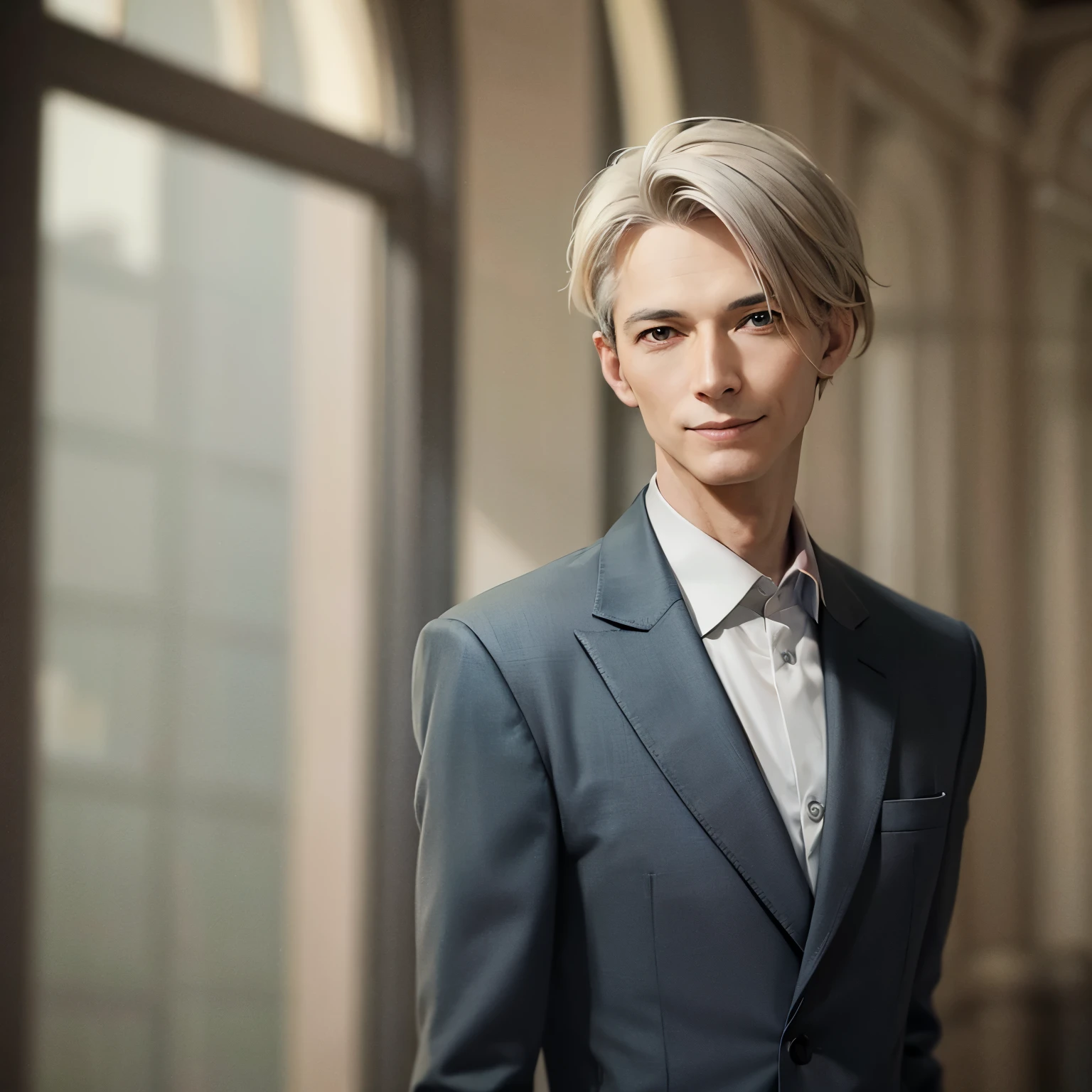 art, Man 50 years old, European, elegant slim physique, bright skin, medium length blonde hair with gray streaks, classic suit, calm smile