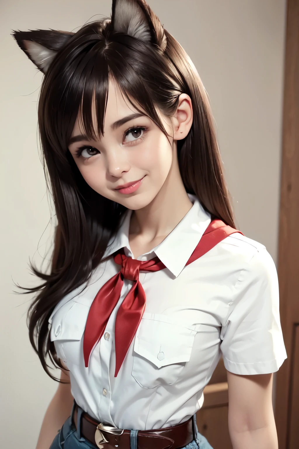 very young slim fit girl, at full height, rounded face, very long straight dark brown hair, big brown eyes, shy smile, accurate snub nose, perfect flat breast, band on head with fake cat ears, parororo, pioneer neckerchief, blue thight microskirt, bangs, shirt, collarbone, white shirt, short sleeves, collared shirt, belt, neckerchief, eyelashes, red neckerchief, breast pocket, monroe