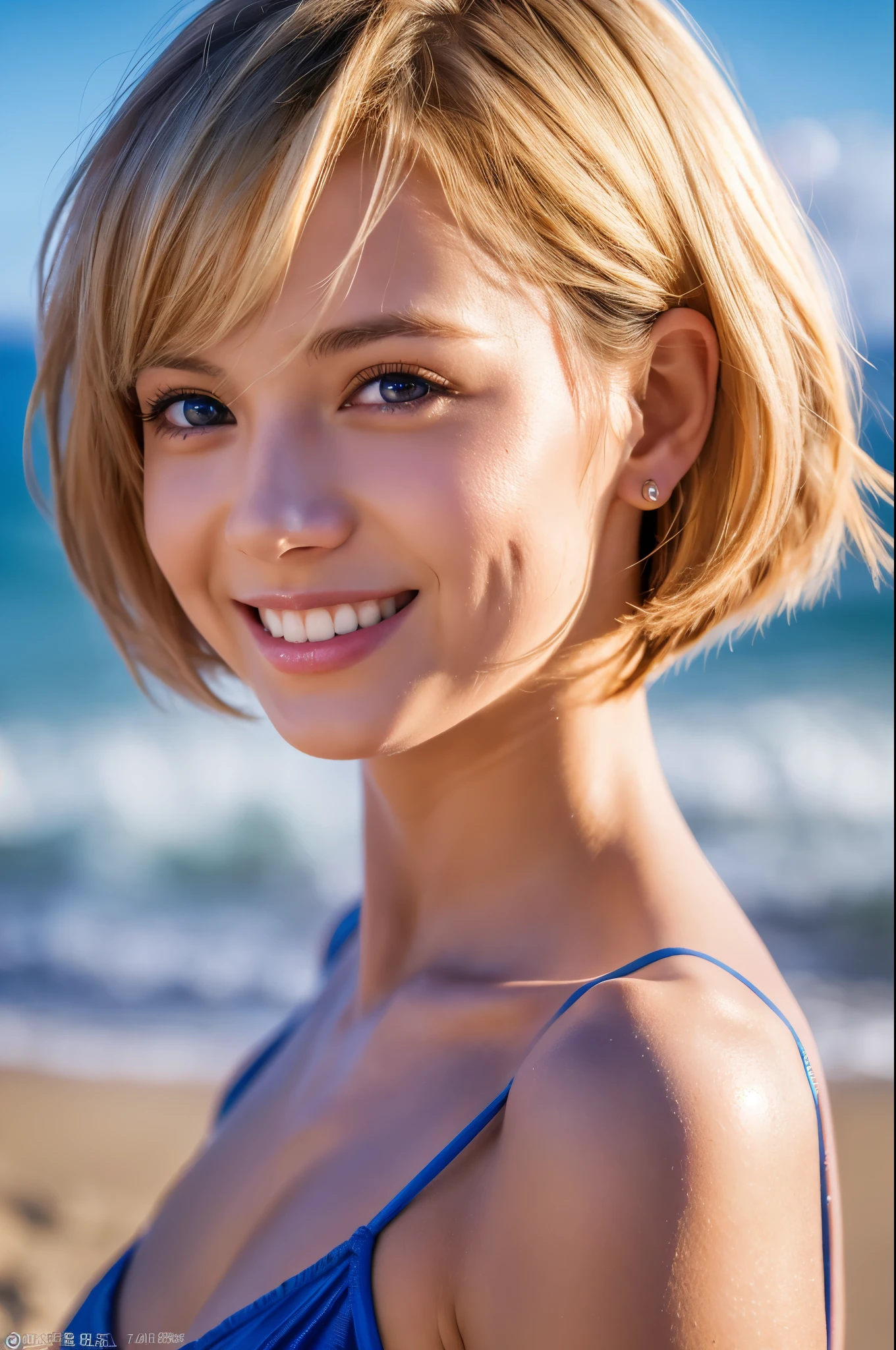 8K,American woman having fun at the beach,Super beautiful(like the real thing),model,Blonde short bob hair woman,sexyなビキニ,smile,masterpiece,Photorealistic RAW photos of the highest quality。bright colors,rich colors, Backlight, cinematic lighting, film grain, to be born, 50MM lens, Nikon D850,super realistic skin,fantasy art,character art,ultra high resolution,realistic scale skin,Perfect hand shape,view audience,smile,beautiful expression,Close-up,muscular slim body,Makeup,sexy,blue eyes,sexyなポーズ,