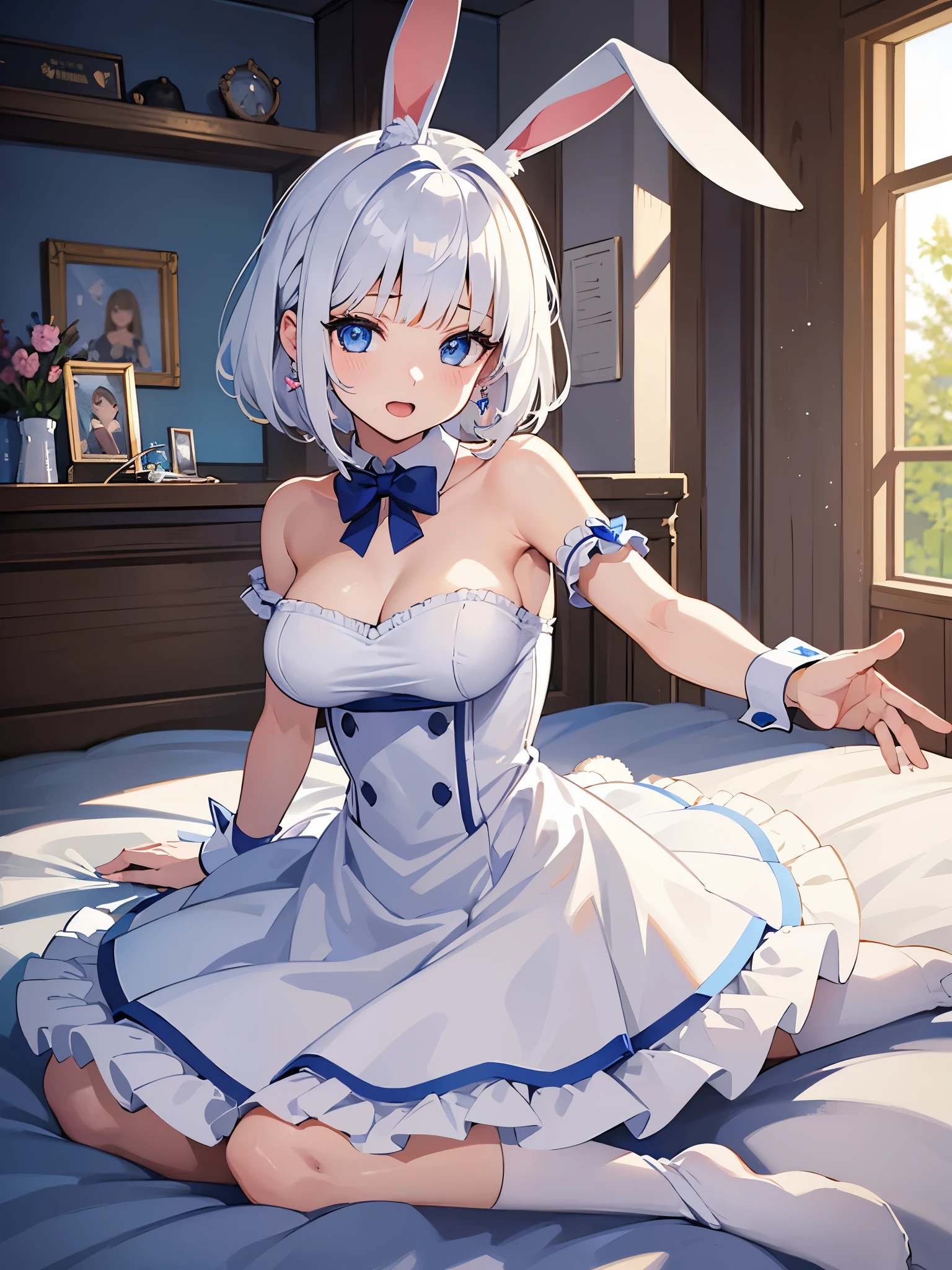 (masterpiece:1.3), (best quality:1.3), high resolution, couboy shot, leaning forward, body facing forward, (one cute girl:1.3), solo, white skin, big Breast, eight-headed person, light white hair, (bobbed hair:1.2), (short hair:1.1), (blunt bangs:1.2), beautiful hair, blue eyes, beautiful detailed eyes, open mouth, heart, cheerful smile, (rabbit ears:1.3), one piece dress, frill, white and blue clothes, miniskirt, earrings, indoors, bed, shadowlighting, far from the object, greeting, hand greeting, full body show, far, full girl show, completely visible