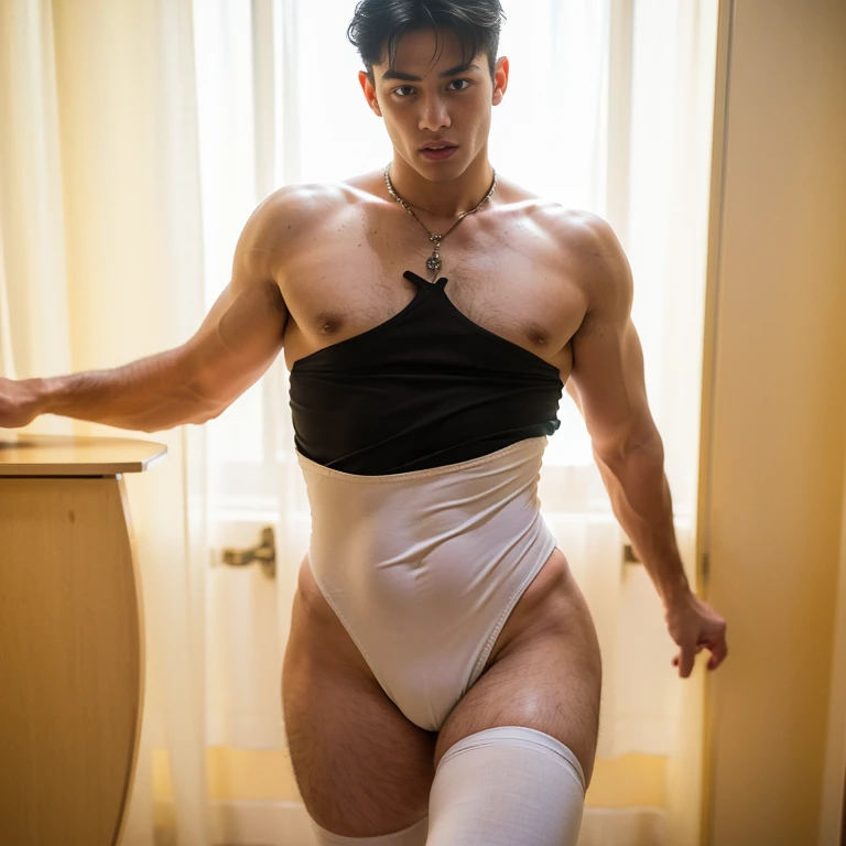  ((Best Quality, 8K, ultra-detailed, Masterpiece: 1.3)), 1boy, shiny skin, sharp, Perfect Body Beauty, realistic shaded perfect body, (handsome face:1.1),(" White leotard, big bulge ":1.2),("tight stockings   ":1.1) , (dynamic pose:1.1), thigh , battle field , (bulge focus:1.2) , details tight bodysuit , (bare thighs) , (hip fat) ,( extreme tight high waisted ),  (side belly fat , side fat), full length shot(fls)  , (hip fat), narrow waist , (wide hips) , large hips , bare chest , (overwide hips , over large buttocks), huge hips ，wide pelvis ,big ass ， peach butt
