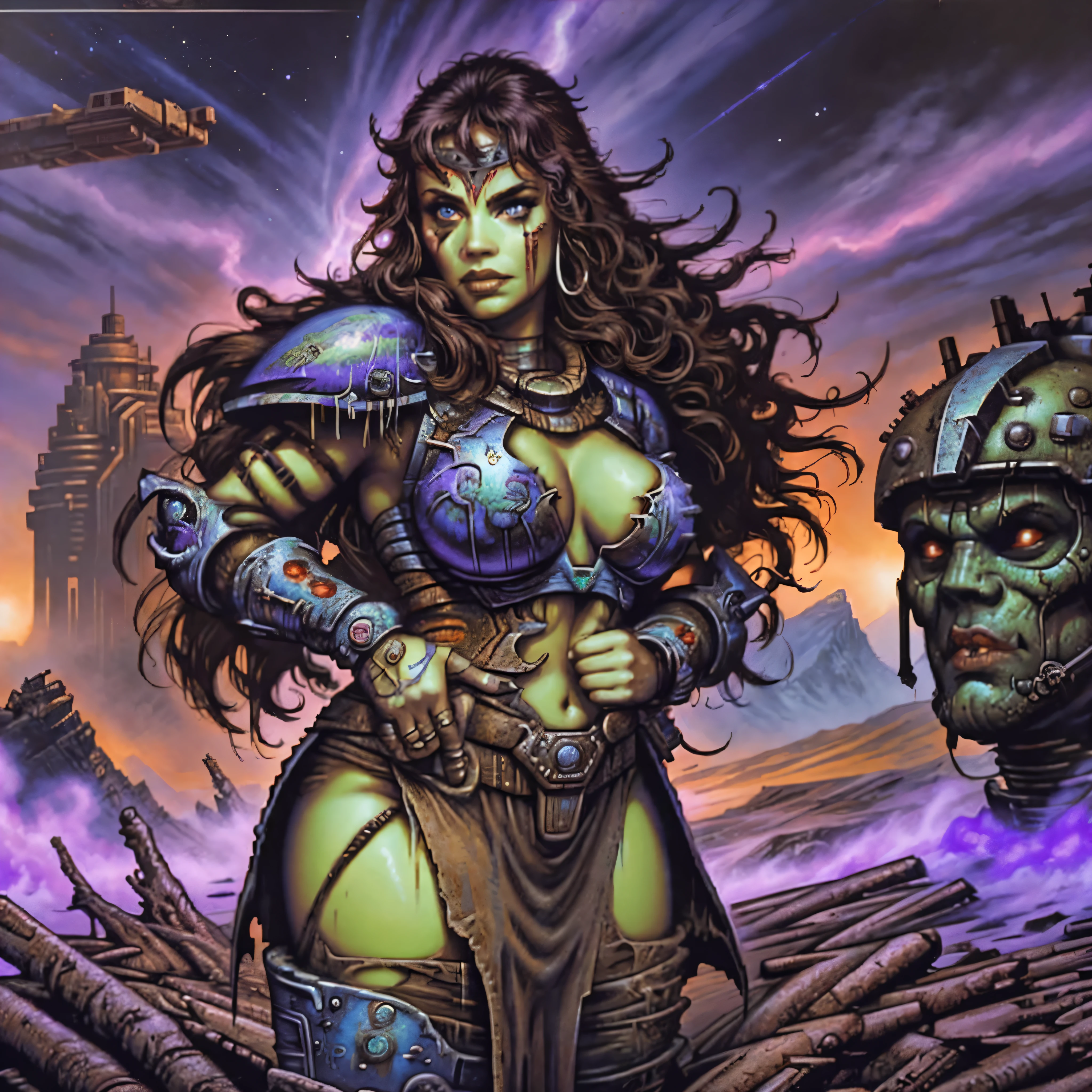 1 barbarian female, heavy metal magazine, blue head girl, sexy lips, space-warrior girl, cyborg girl, beautiful bbw girl, chubby girl, woman-warrior, whole body, nude body, Perfect skin, space background, blood rain, dark fantasy, Linsner style, Science fiction, 80s, 16-bit game, VHS era, planet in space background, purple lightning, psychedelic color background, smog, fog, swamp, girl in swamp, mad max style, vhs tape cover