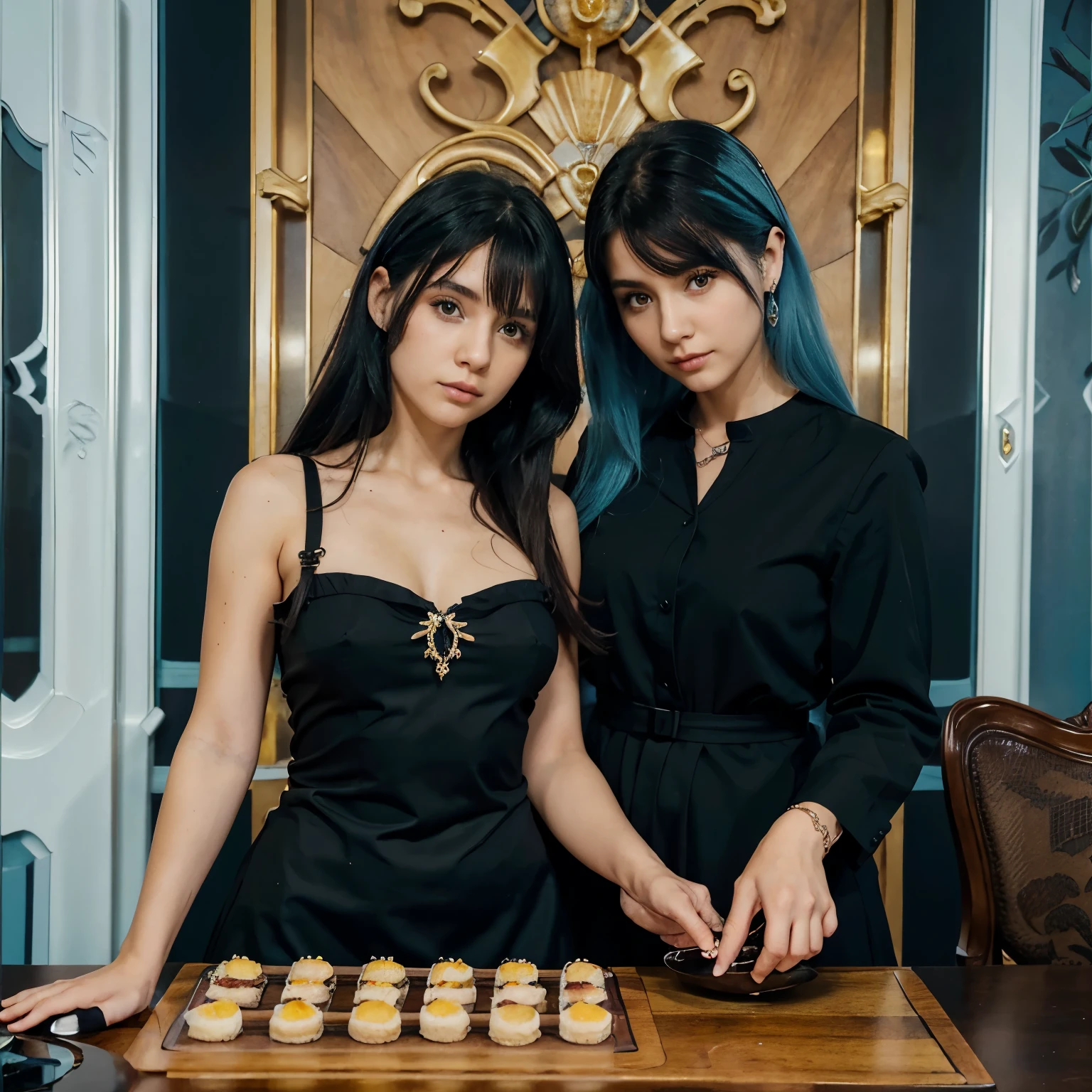 Dos personas cocinando un postre, la chica de cabello rubio con dos coletas cabello medio largo hasta la espalda, el chico de cabello largo azul atado en una coleta, ropa de vestir elegante de un principe, y la chica viste un vestido color negro con detalles morados estilo anime