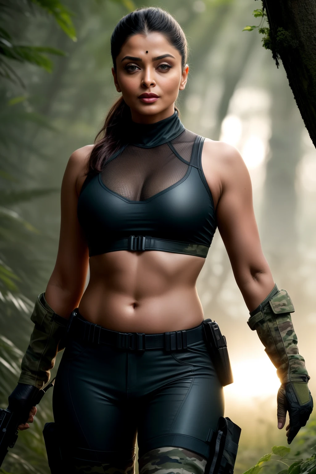 night scene, full body of SEXIEST 45YO MIL AISHWARYA RAI, army lady with guns, sweat on body, sweaty cleavage, MEDIUM breasts, mature milf hourglass figure, posing in forest, wearing camouflage hotpants and bikini top, knee high boots, wet hair, sexy jawline, seductive face, look at camera and winking, black ponytail hair, erotic adult face, 45yo, (backlit:1.3), (cinematic:1.3), intricate details, (ArtStation:1.2)