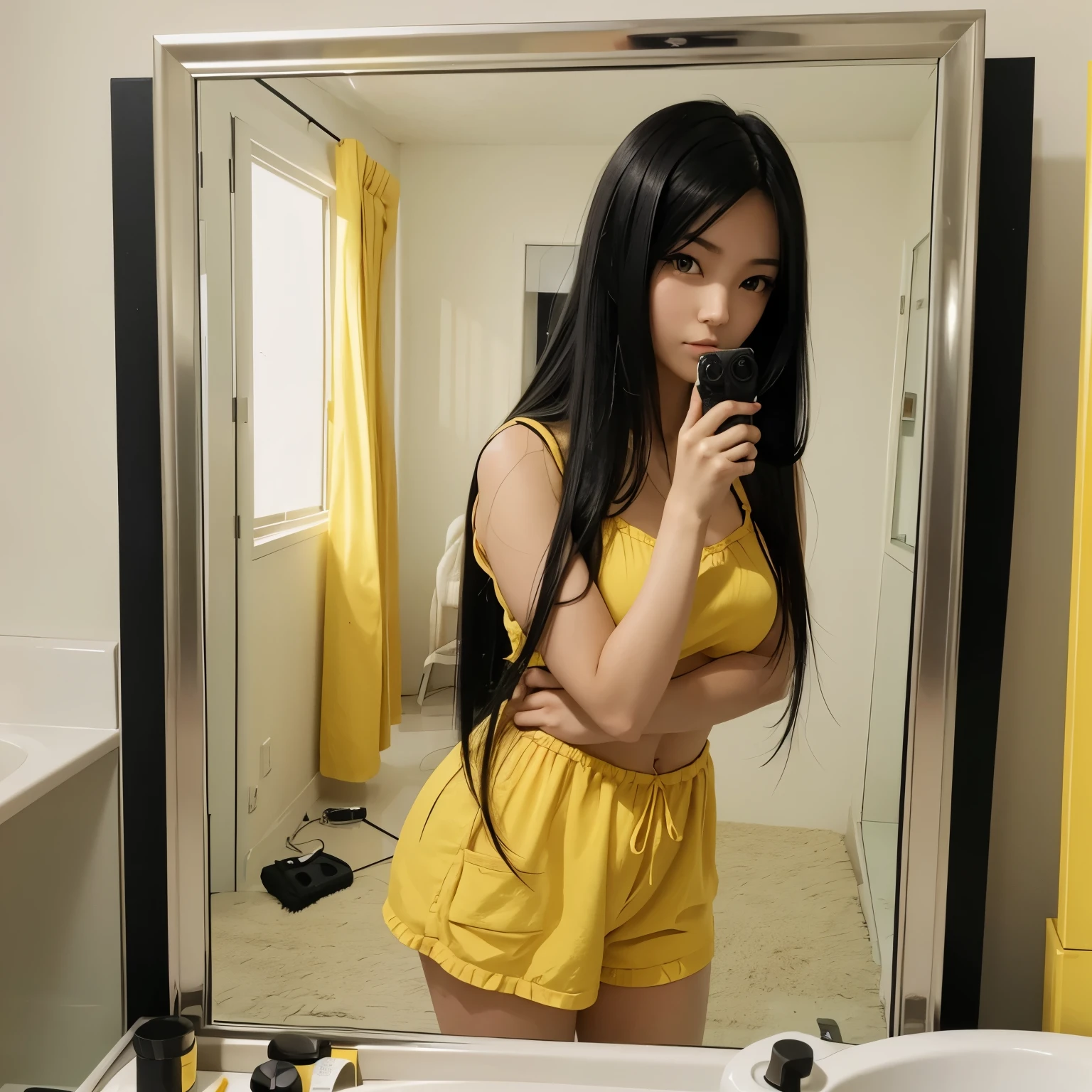 An anime girl taking a photo in the mirror, she has long black hair with yellow hair