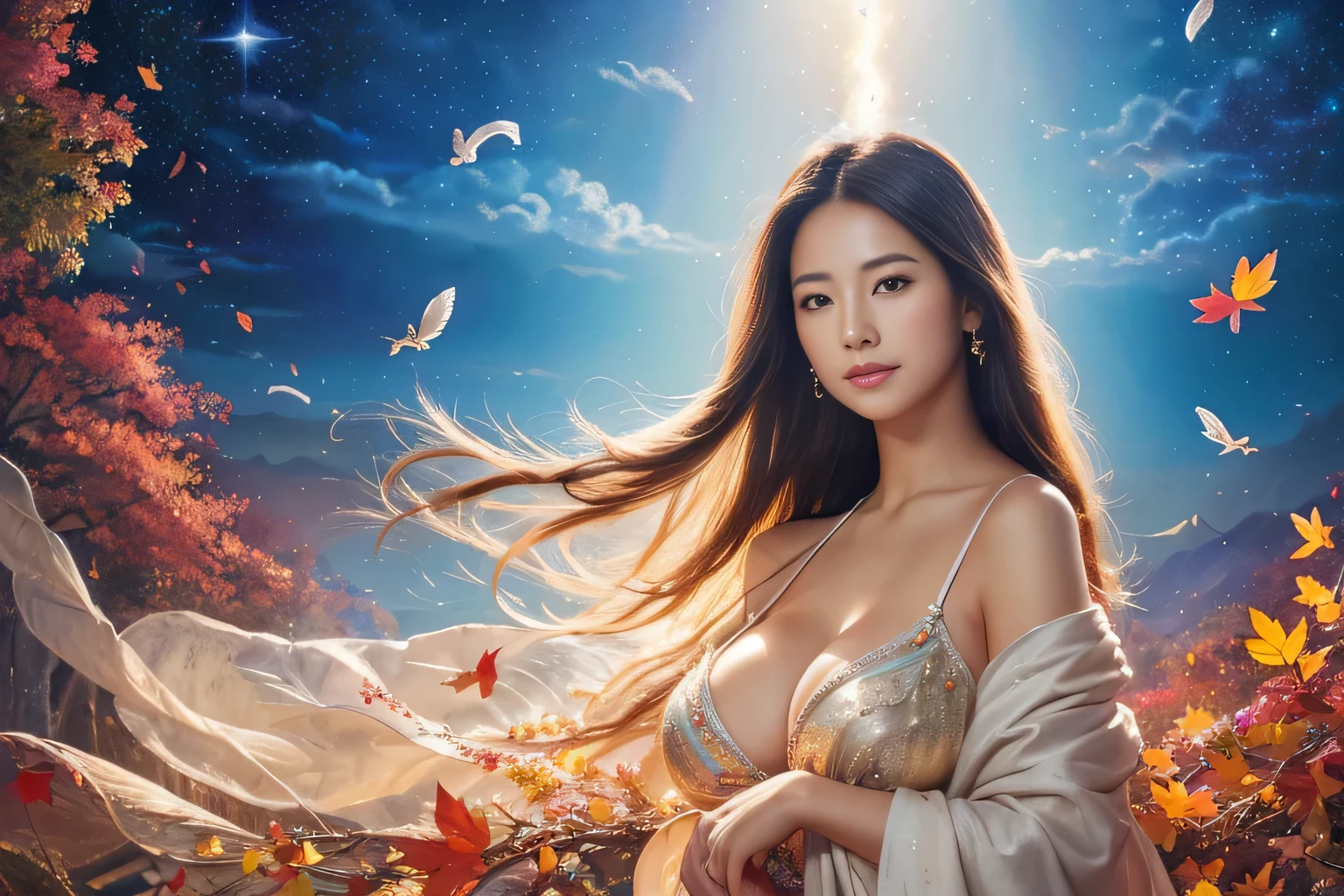 (highest quality,8K,High resolution:1.2),(beautiful realistic asian:1.5)、(cute japanese girl:1.4),(huge breasts:1.26),(glamorous:1.4)、feather、messenger of the great spirit、Flight 、artistic background、spiral、Spiritual Light、heavenly realm、sacred place、sexy pose、realm of divine spirits、Professionalism、(beautiful paintings:1.5), a ray of light、aura、Awesome people、treasure、(bountiful harvest、autumn)、Star fragments on the clouds、beautiful beauty、Perfect sexiness、