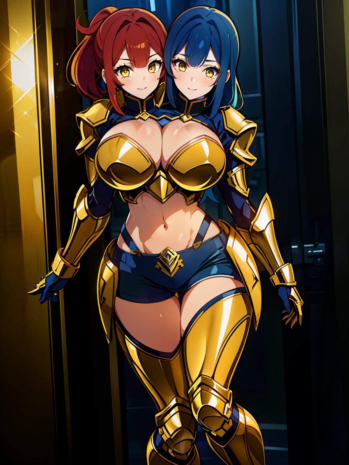 (masterpiece),(ultra-detailed), (high quality), (high resolution), (best quality:1.5, highres, UHD), highres, absurdo, ultra detail, ultra quality, ((2heads:1.5)), 1girl, (long hair), ponytail, red hair, blue hair,, glowing yellow eyes, cleavage, thighs, (golden yellow armor), female warrior, insignia, (fully armored), (medieval outfit), beam weapon, armored chest piece, gorgeous female knight, Guild Clothes with Armor, ((mature woman)), seductive silhouette, exposed midriff, smooth and lustrous skin, sexy proportions, slim legs, ((beautifully tall and slim woman)), futuristic city, gentle smile, shorts