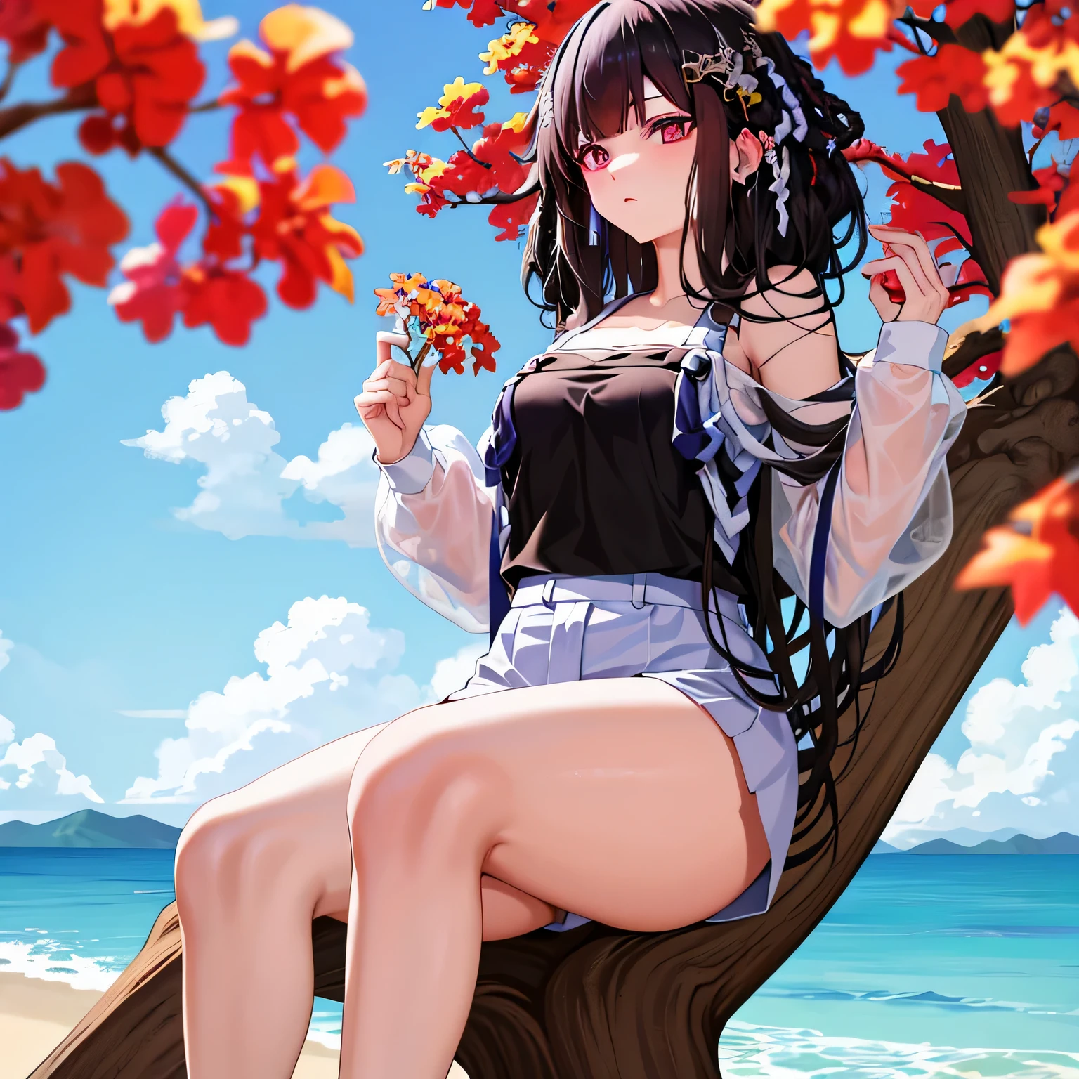 Anime art, a 15 year old girl with long black hair, left eye cyan, right eye purple, sexy, wearing a black t-shirt, bare shoulders, Ideal body, Under the tree 