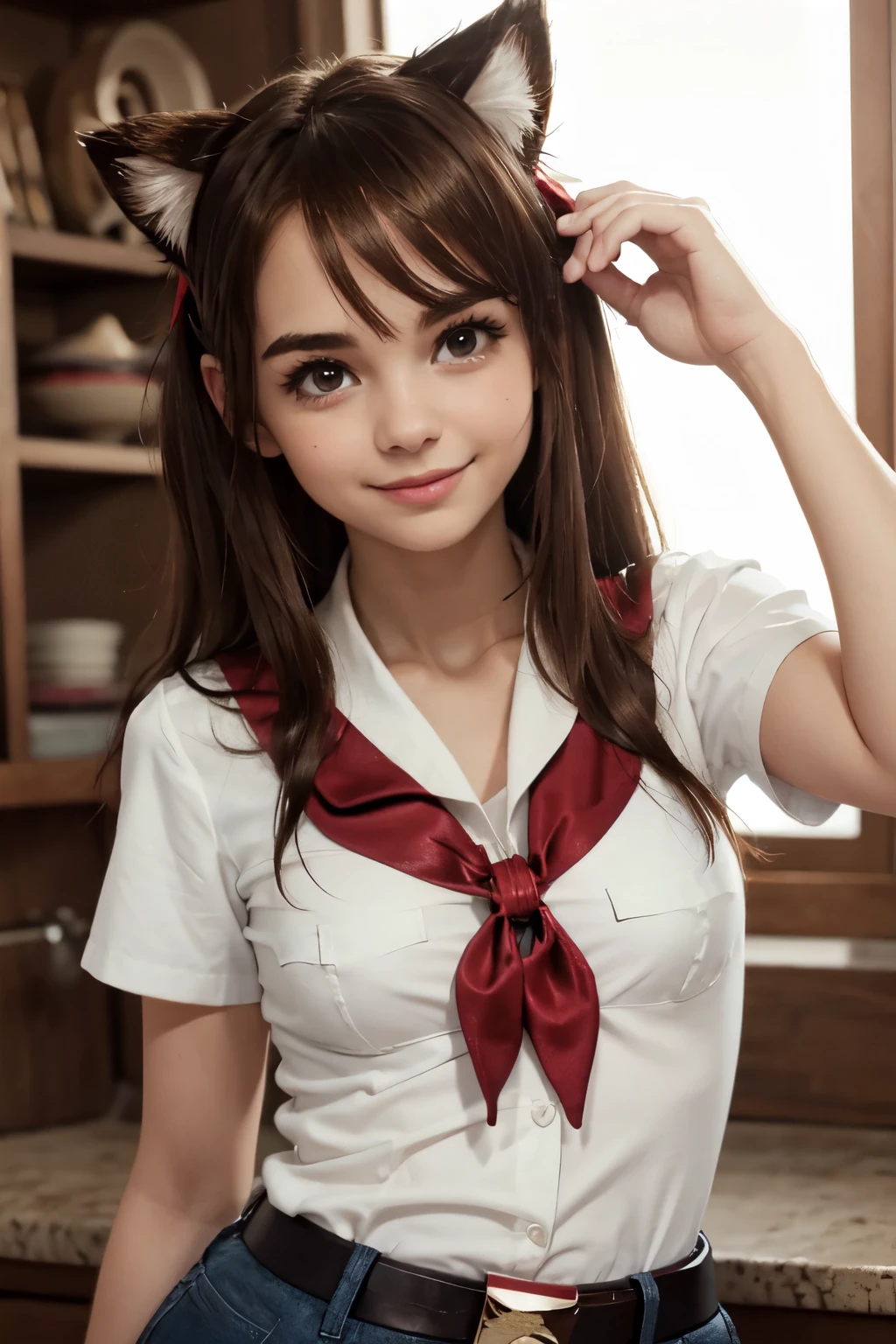 very young slim fit girl, at full height, rounded face, very long straight dark brown hair, big brown eyes, shy smile, accurate snub nose, perfect flat breast, band on head with fake cat ears, parororo, pioneer neckerchief, blue thight microskirt, bangs, shirt, collarbone, white shirt, short sleeves, collared shirt, belt, neckerchief, eyelashes, red neckerchief, breast pocket, monroe