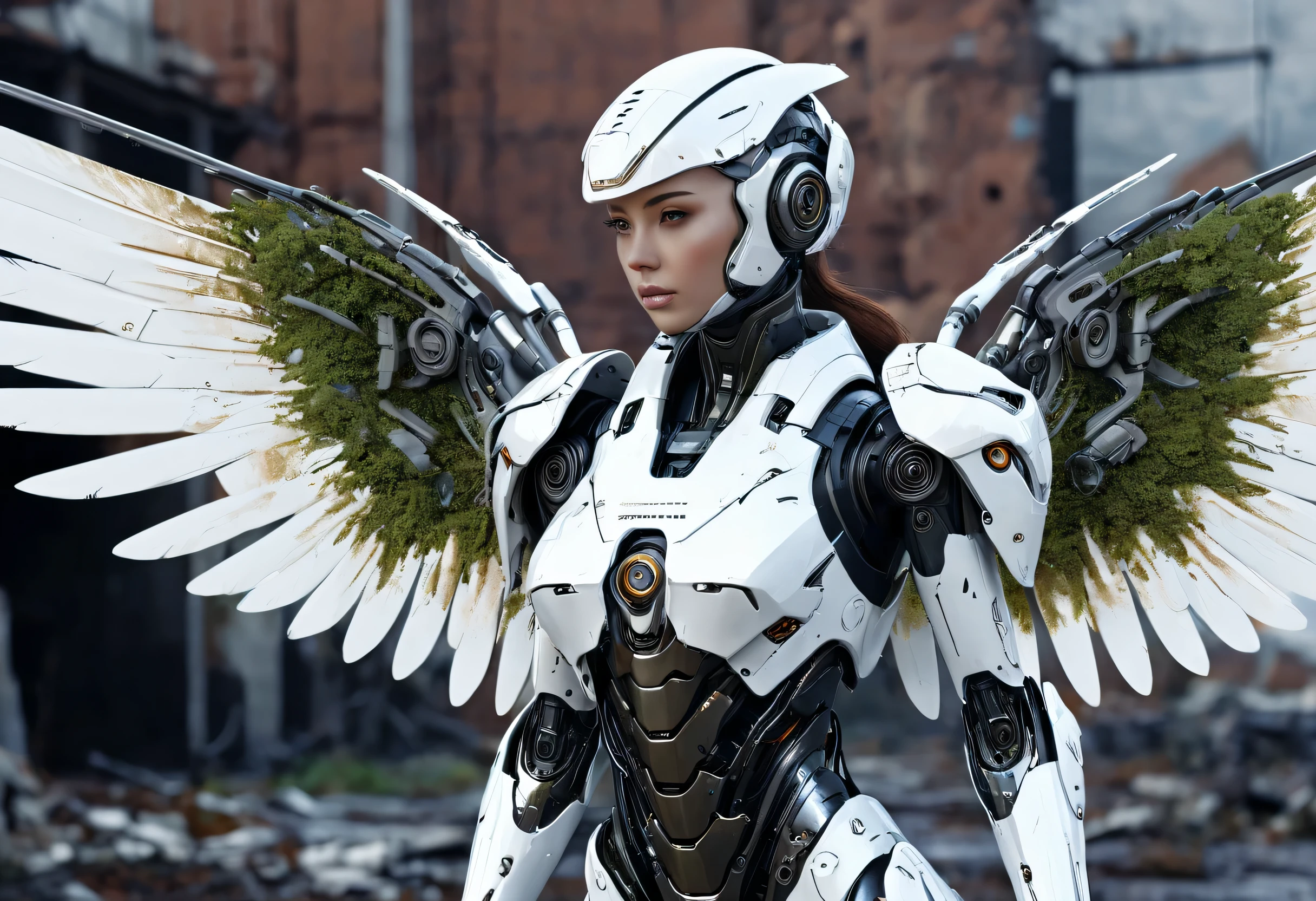 ((masterpiece, highest quality, Highest image quality, High resolution, photorealistic, Raw photo, 8K)), Abandoned robot soldier on battlefield, broken and immobile, futuristic robot angel, amazing angel wings, rust and moss showing passage of time, female cyborg body, female body, biomechanical , extra detailed body, blowjob white mech, white biomechanical details, detailed body, shiny white armor, cybernetic body, eva unit-00 on back, full body details, beautiful cyborg angel girl, graceful wings, outdoor, destroyed abandoned city background, Full Body Shot