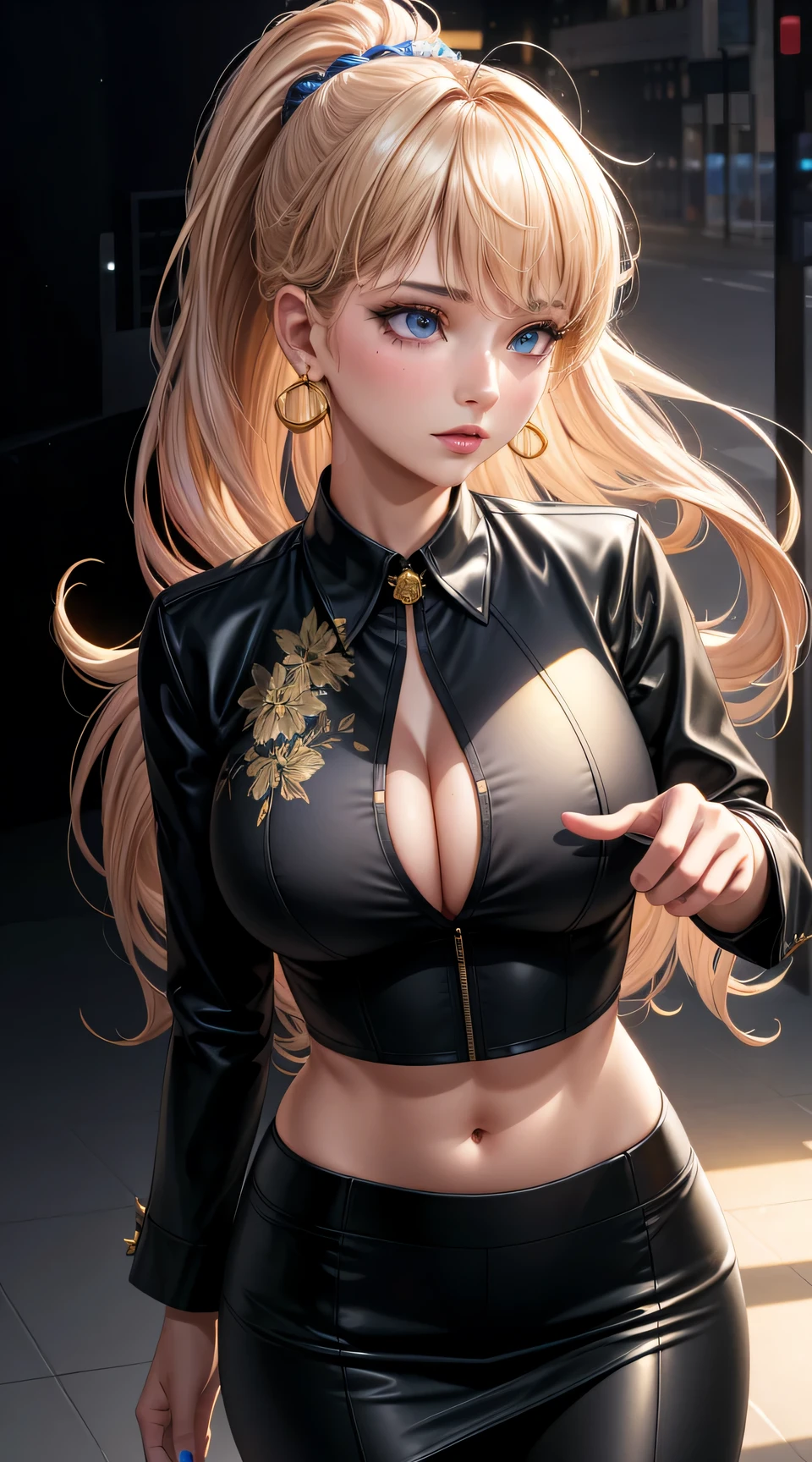 (best quality:1.5, highres, UHD, 4K, detailed lighting, shaders), gold floral haired, gradient hair, large breasts, suit, gray shirt, social shirt, short skirt, mature woman , (pov), white background, colorful eyeshadow, dramatic lighting, sparkling eyes, sensual expression, golden earrings, flowing hair, delicate facial features, dark skin, high cheekbones, urban setting, black background, dont look for the camera, lean forward, behind the camera