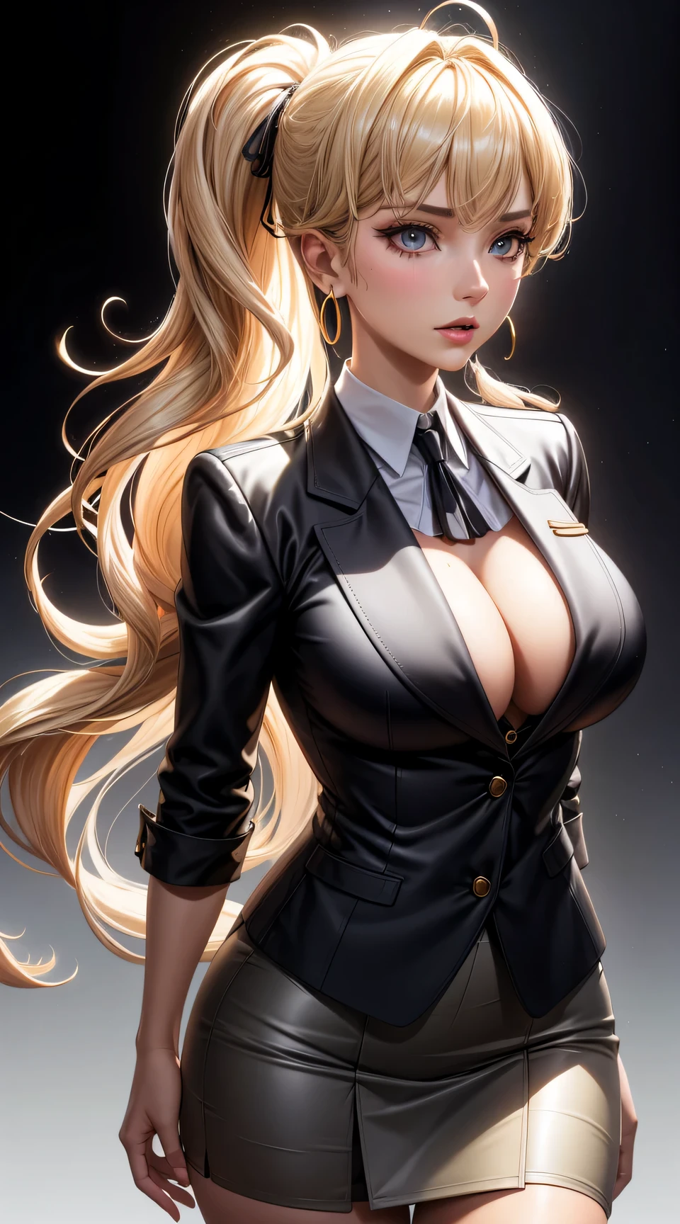 (best quality:1.5, highres, UHD, 4K, detailed lighting, shaders), gold floral haired, gradient hair, large breasts, suit, gray shirt, social shirt, short skirt, mature woman , (pov), white background, colorful eyeshadow, dramatic lighting, sparkling eyes, sensual expression, golden earrings, flowing hair, delicate facial features, dark skin, high cheekbones, urban setting, black background, dont look for the camera, lean forward, behind the camera
