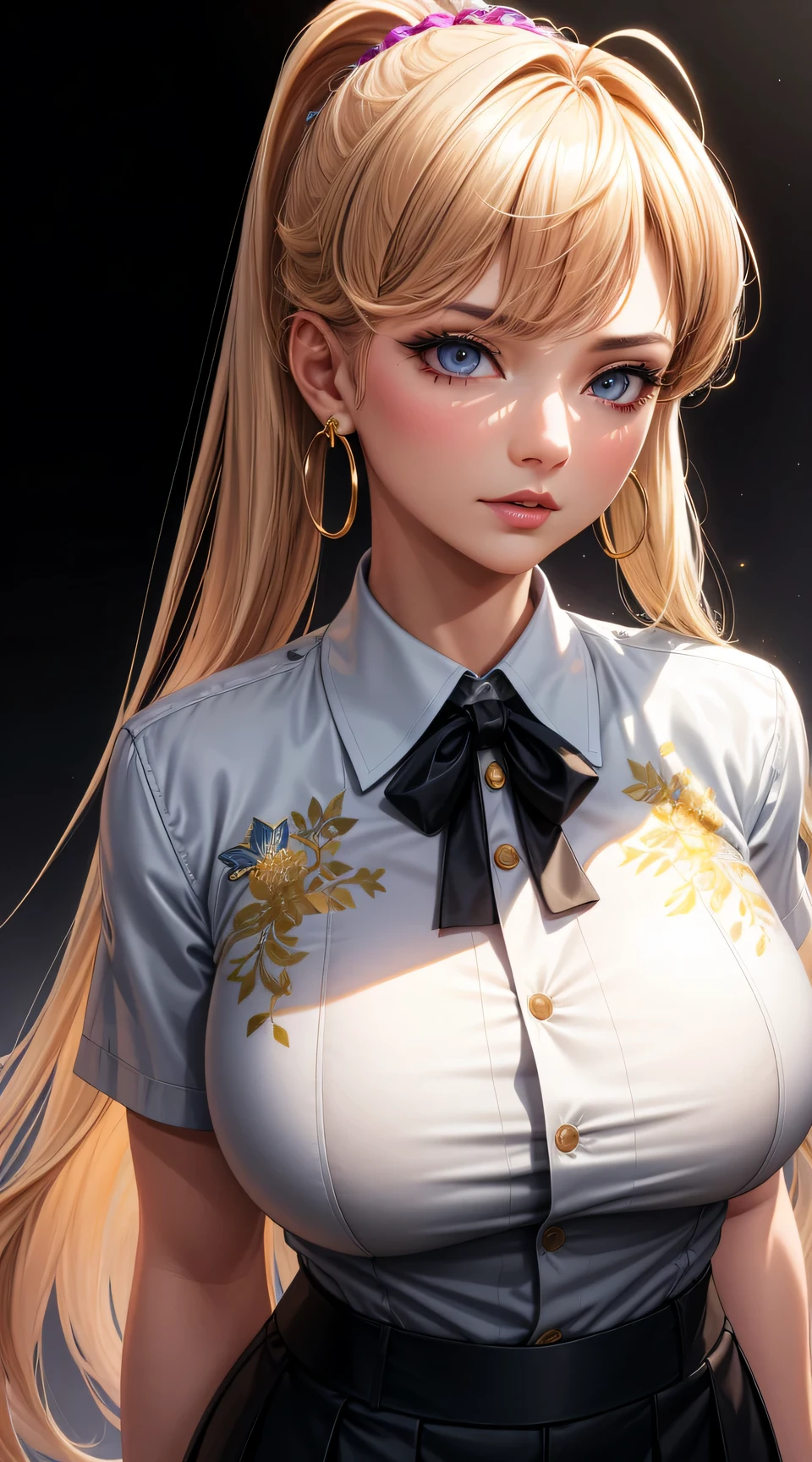 (best quality:1.5, highres, UHD, 4K, detailed lighting, shaders), gold floral haired, gradient hair, large breasts, suit, gray shirt, social shirt, short skirt, mature woman , (pov), white background, colorful eyeshadow, dramatic lighting, sparkling eyes, sensual expression, golden earrings, flowing hair, delicate facial features, dark skin, high cheekbones, urban setting, black background, dont look for the camera, lean forward,  behind  the camera