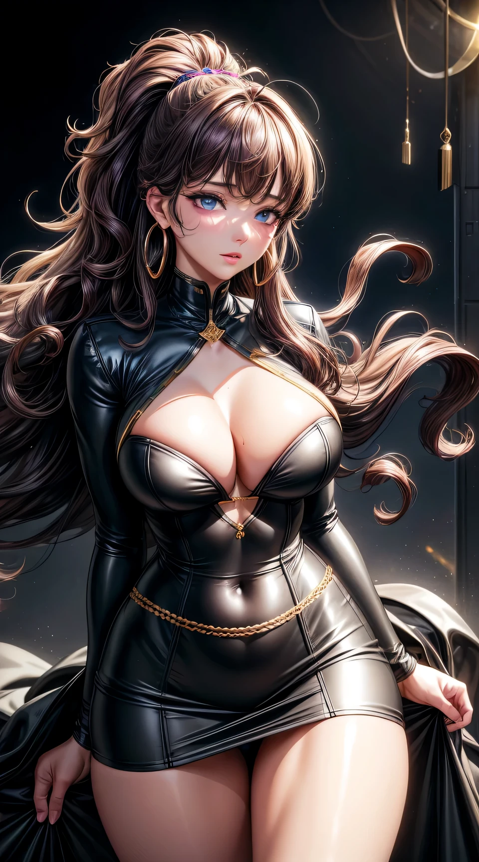 (best quality:1.5, highres, UHD, 4K, detailed lighting, shaders), ( high quality eyes), ( high quality fingers), gray curly haired, gradient hair, big breasts, big butt, big thighs, black suit, white shirt, social shirt, white short skirt, mature woman , (pov), black background, colorful eyeshadow, dramatic lighting, sparkling eyes, sensual expression, golden earrings, flowing hair, delicate facial features, soft metallic skin, high cheekbones, urban setting, black background, dont look for the camera, lean forward, behind the camera