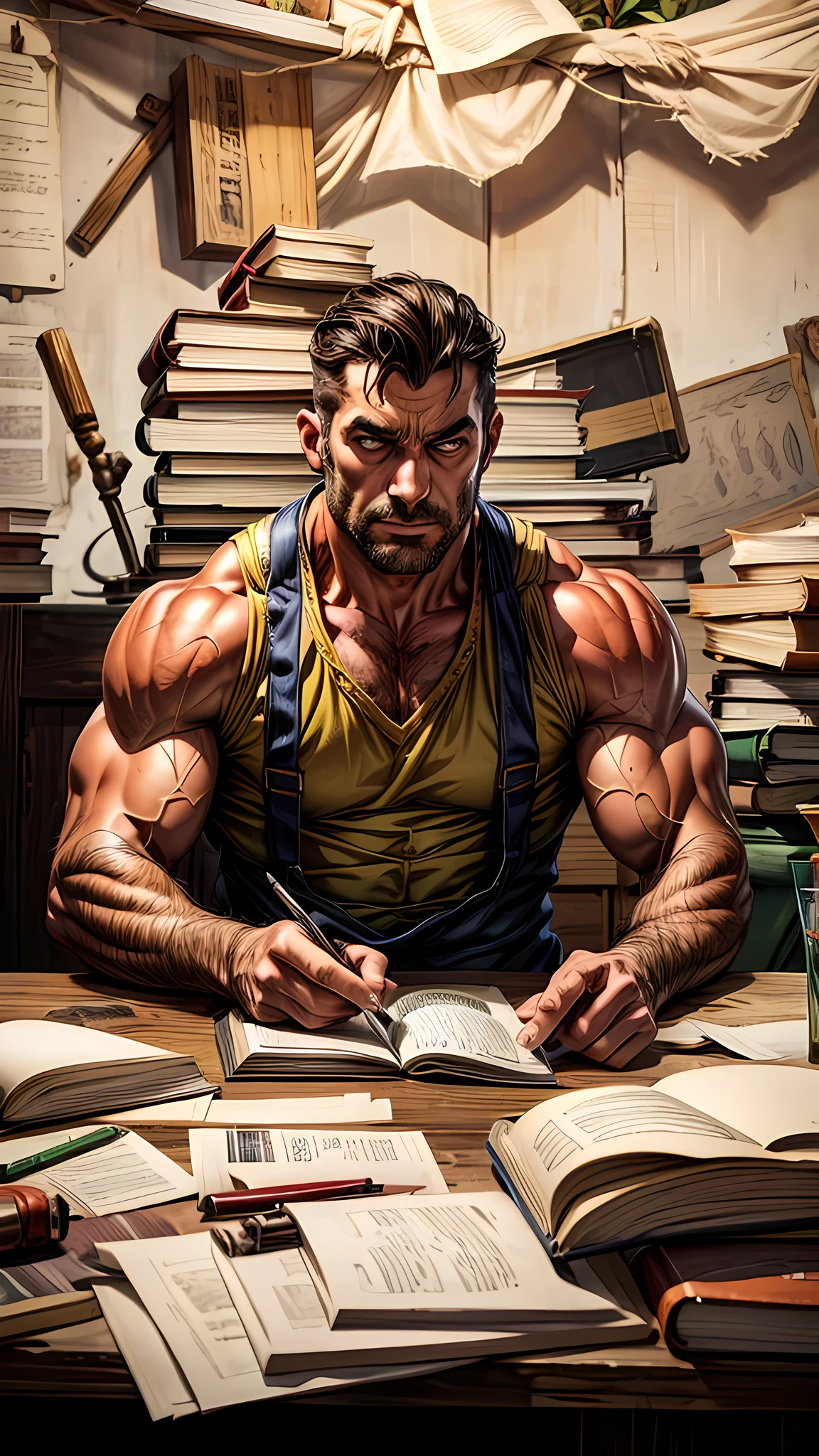 A muscular men in farmer's clothes sitting writing in a book