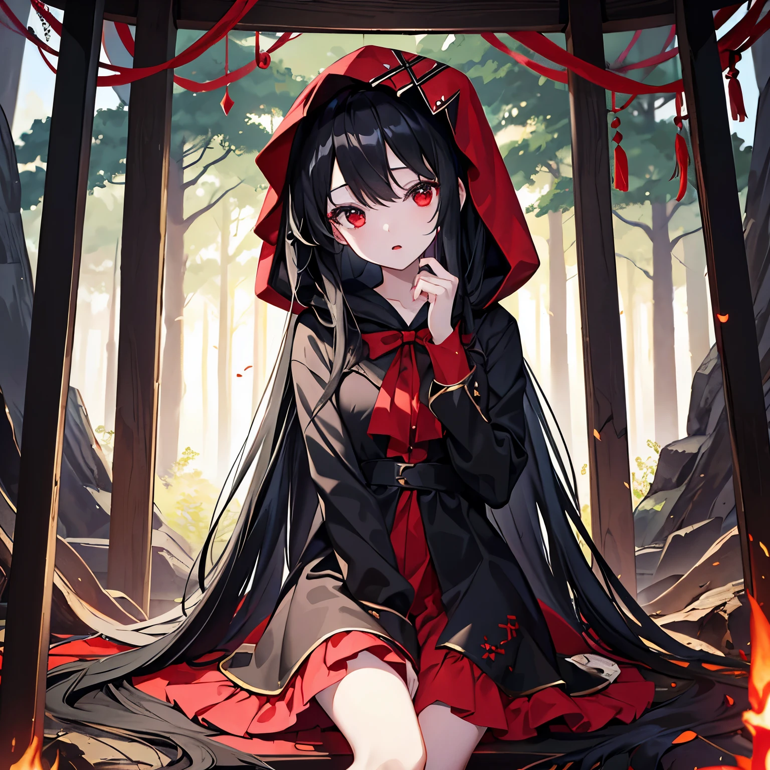 (masterpiece、4K、detailed)pretty girl、(long black hair、one person、looking at the camera、beautiful red eyes、all black clothes、hood)、in the forest、stringing a bow