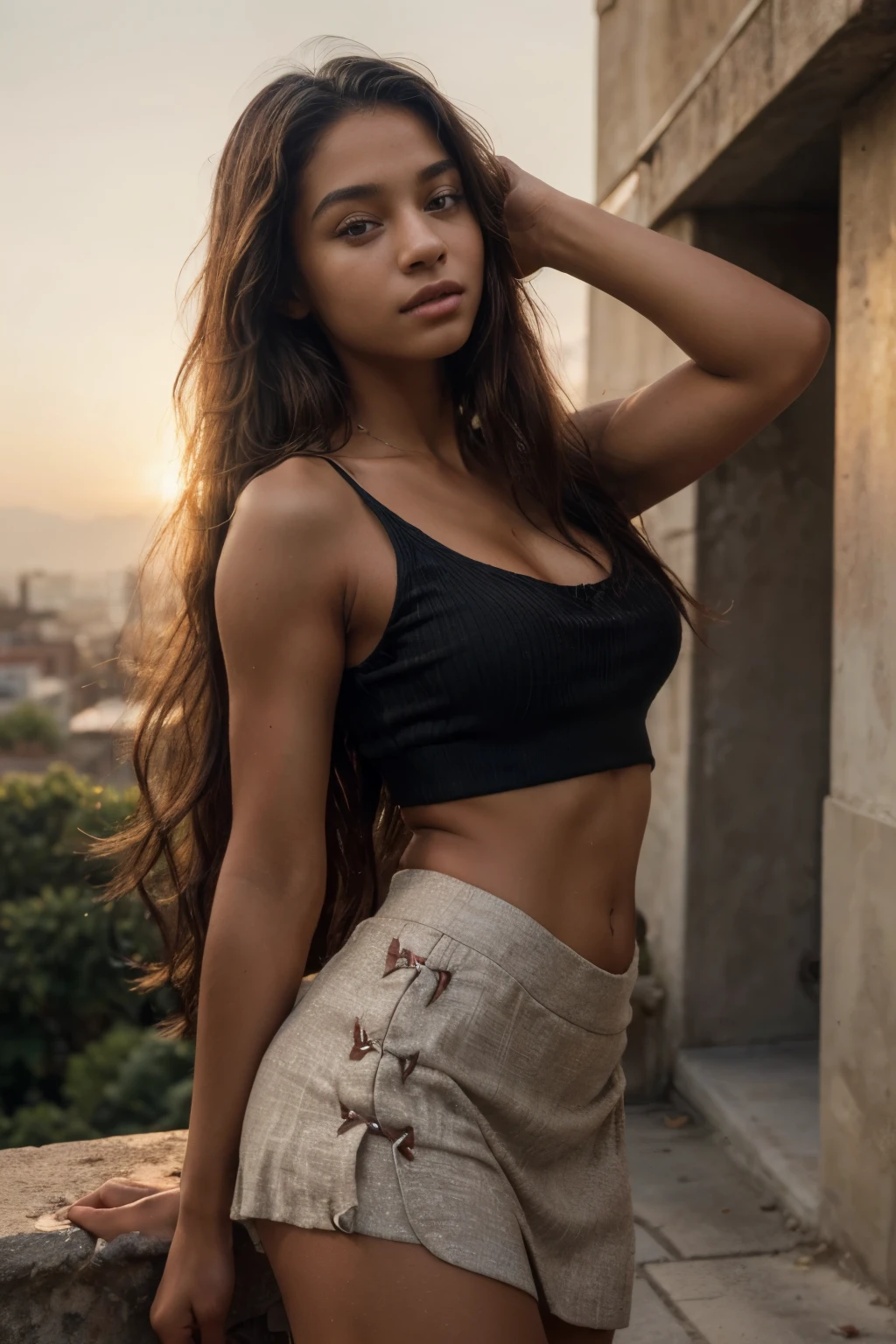 (Masterpiece, Top Quality, Best Quality, Beautiful and Aesthetic:1.2), Extremely Detailed, Photo of a woman, loose top and skirt, happy, sunrise, 18 years old, Perfect Body, Perfect rare face, (very detailed skin), black colored long hair, Skin texture, Sharp focus on rare face, Perfect brown eyes, (Photorealistic), Film grain, name Samira,