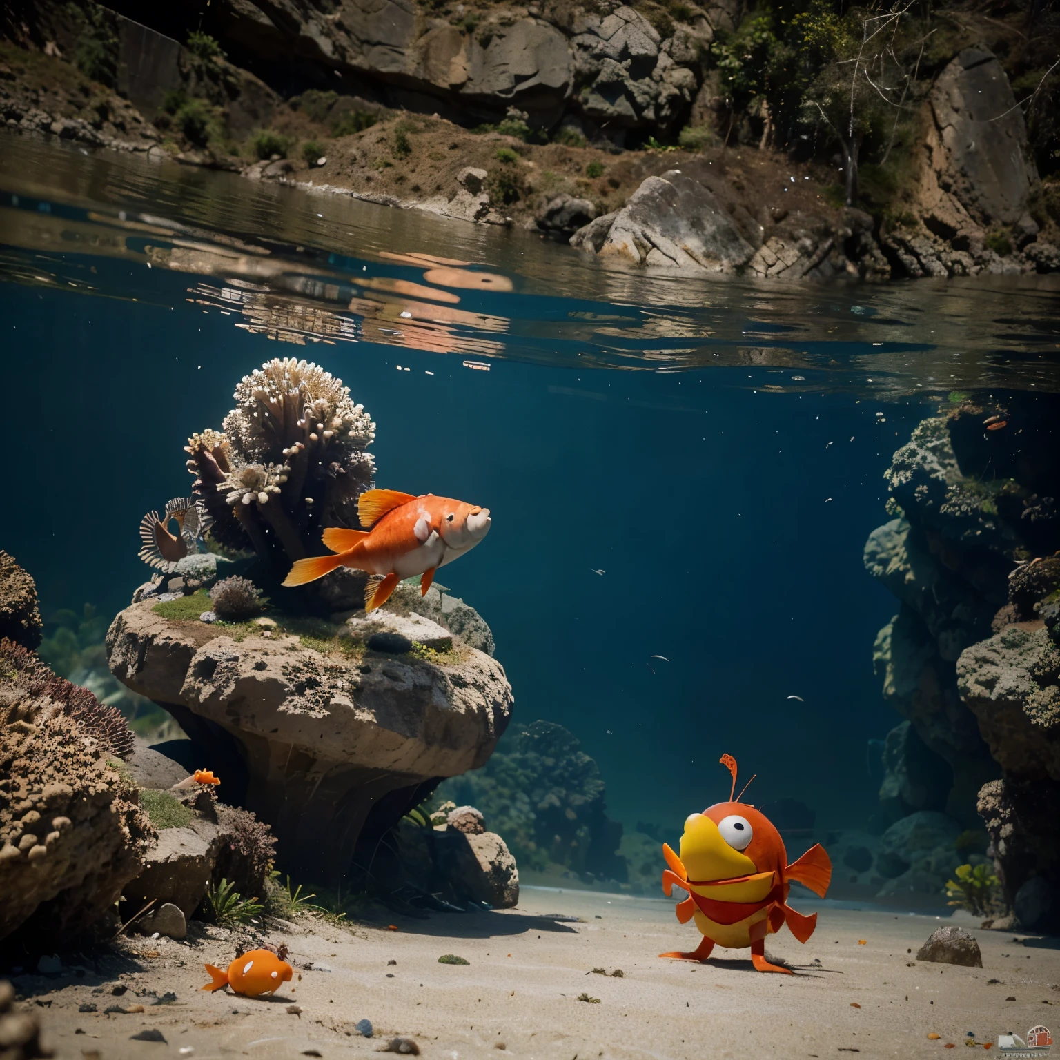 A crab named Krusty was trying to rise to the surface like every normal day, pero justo Krusty se encuentra a un pez llamado Nemo, Neko estaba perdido y Krusty lo ayudo a regresar con su Familia.
When he left him with his family, Krusty went back up but on the way something stopped him., ya que al ver un pescador pescando a los pulpos y peces de al rededor, lo que decide hacer Krusty es cortar con sus tenzas la red de pescar para salvar a todos. Amablemente todos le agradecieron mucho.
In the end, he was so tired of helping so many that he no longer had any hope of rising to the surface again., but he still remembered that he has to be united with his family.
Al llegar a la superficie se encuentra a persona atrapando a a cangrejos para ponerlos como carnada para traer a peces grandes. But they just grabbed him and put him on the fishing rod. Los otros peces que el ayudo se dieron cuenta e intentaron llamar a los otros seres vivos del mar, When the fishermen saw that many fish were coming, they thought that catching crabs was the best., pero no, He didn't know that there was an octopus under him grabbing the boat to sink it after everyone helped the crab he was too grateful to everyone.
That's why guys always help people who are in danger., because cape and then all of you will receive your thanks or reward