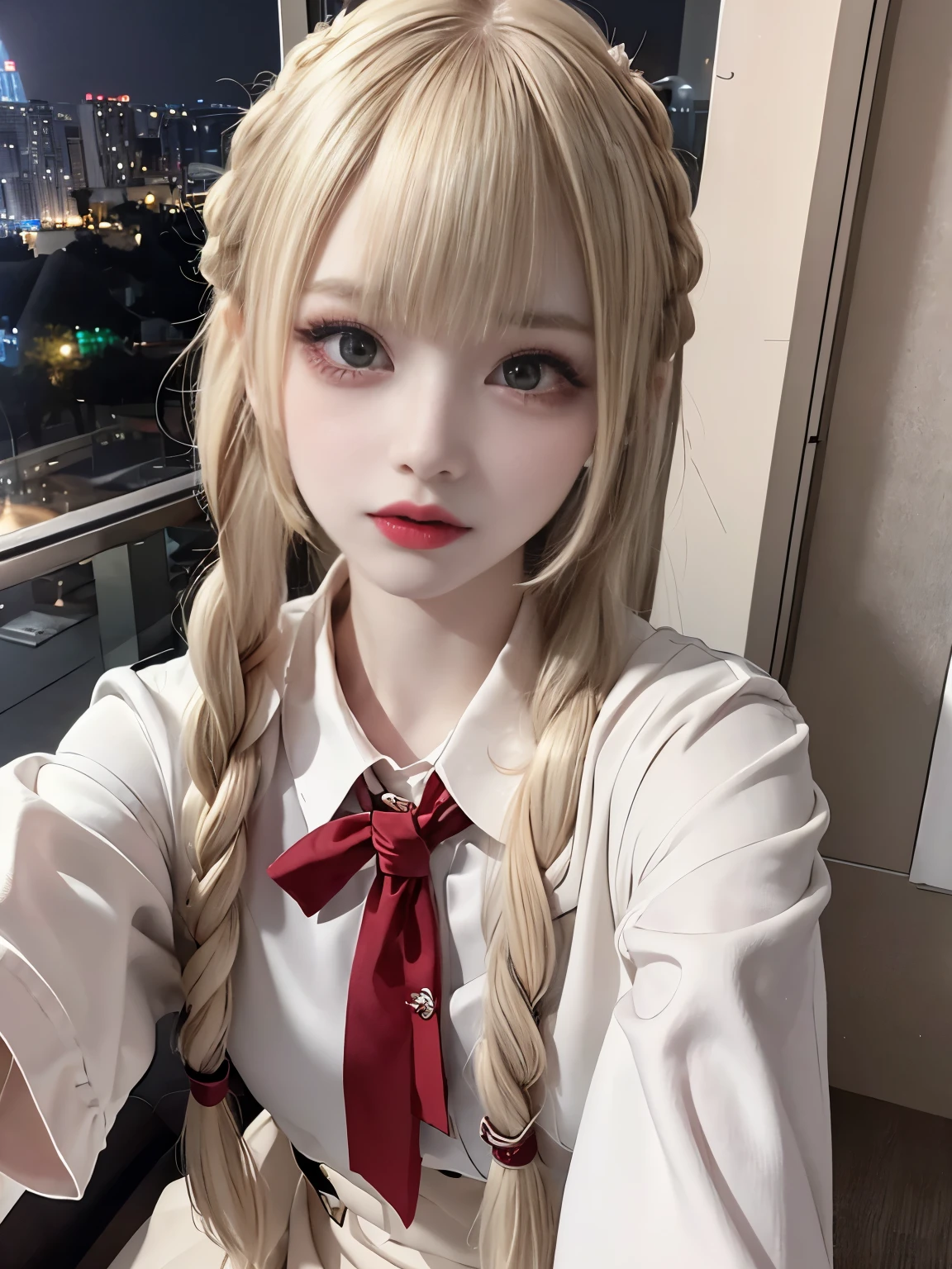 raw photo, 8k, (top-quality), Realistic, (real picture, Intricate details), (natural skin texture, detailed skin, hyper realism, sharpness), (Japanese teenage girl in a hotel), ((school uniform)), (pale skin:1.2), slender body, ((light blond hair:1.3, braid hairstyle, blunt bangs)), (seductive face, expression of sadness, Parted lips:1.3, eye shadow, eyeliner, tear bag:1.2, red lip, undereye circle), night time, spot lighting:1.3, full body shot