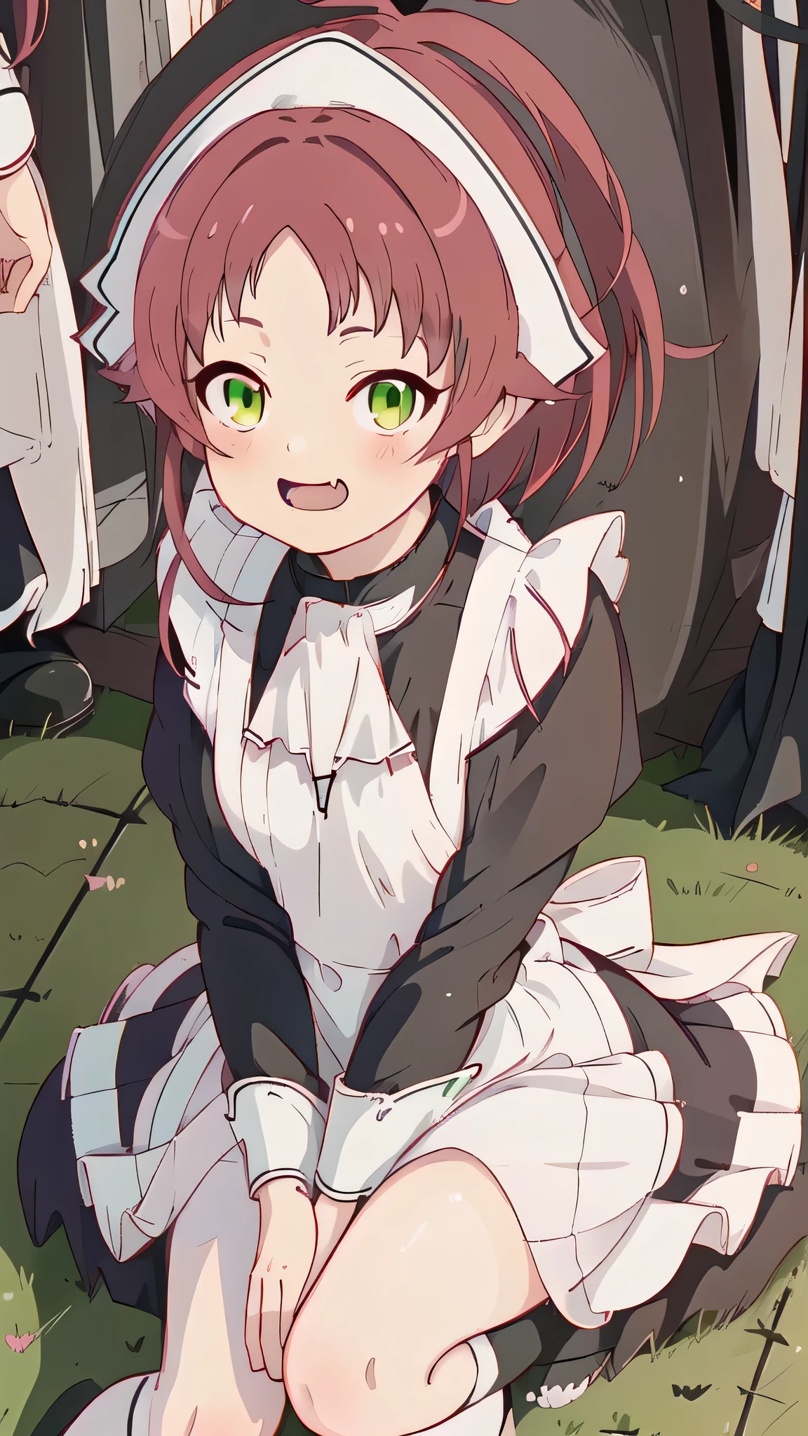 1 girl ,smug , maid, sitted on the ground, hands forward, receiving a paycheck from her employer,  , aisha_greyrat, long maid outfit, black shoes , whole body, solo long sleeves , long black dress past knee, white tights, red hair, green eyes, anime style
