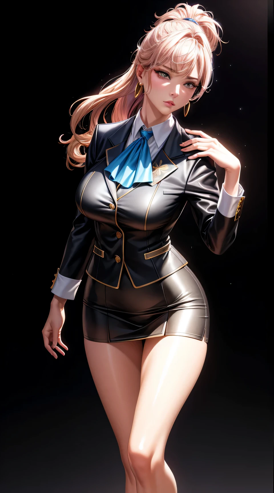 (best quality:1.5, highres, UHD, 4K, detailed lighting, shaders), gold floral haired, gradient hair, large breasts, suit, gray shirt, social shirt, short skirt, mature woman , (pov), black background, colorful eyeshadow, dramatic lighting, sparkling eyes, sensual expression, golden earrings, flowing hair, delicate facial features, dark skin, high cheekbones, urban setting, full body, black background, dont look for the camera, lean forward,  behind  the camera