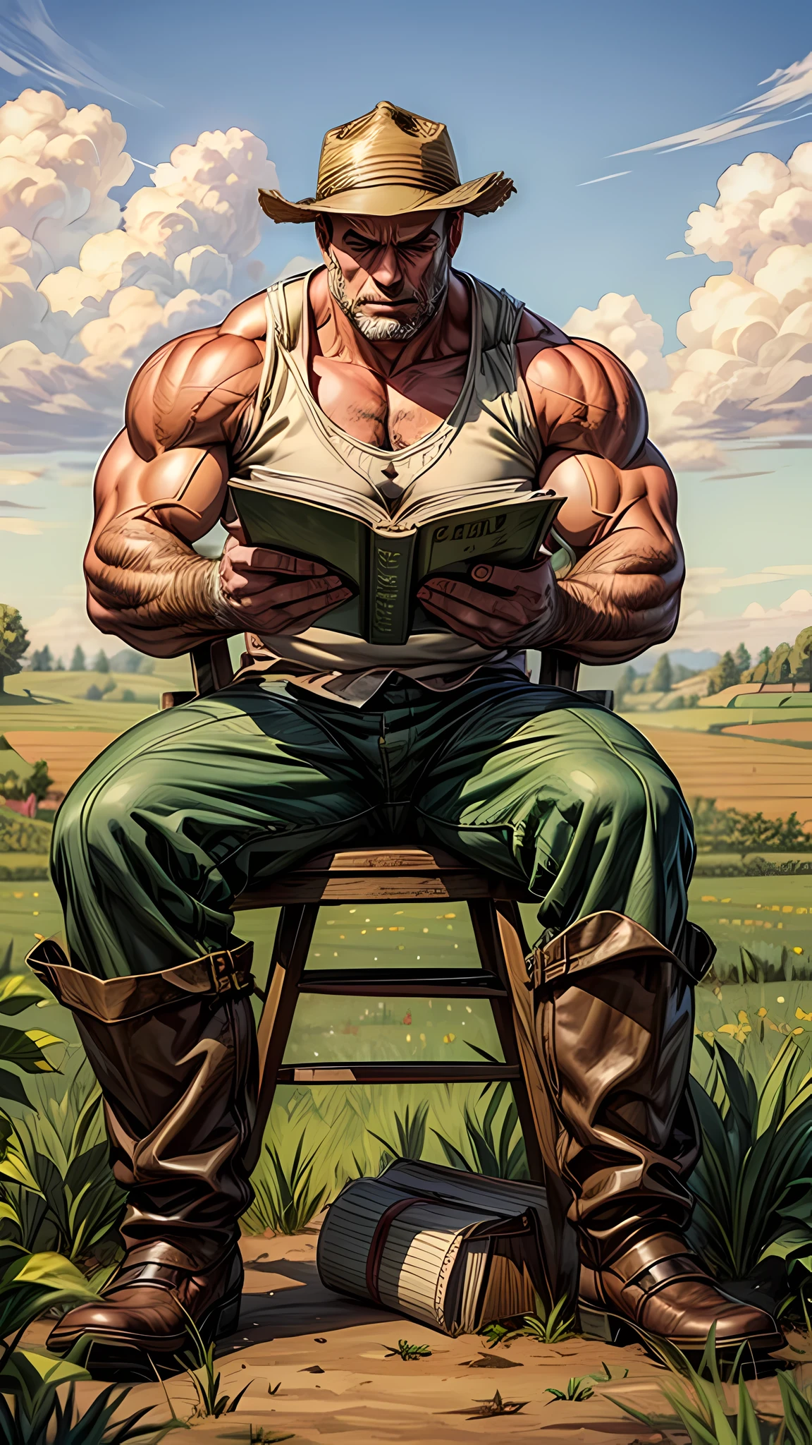 A muscular men in farmer's clothes sitting reading a book, in the middle of the farm