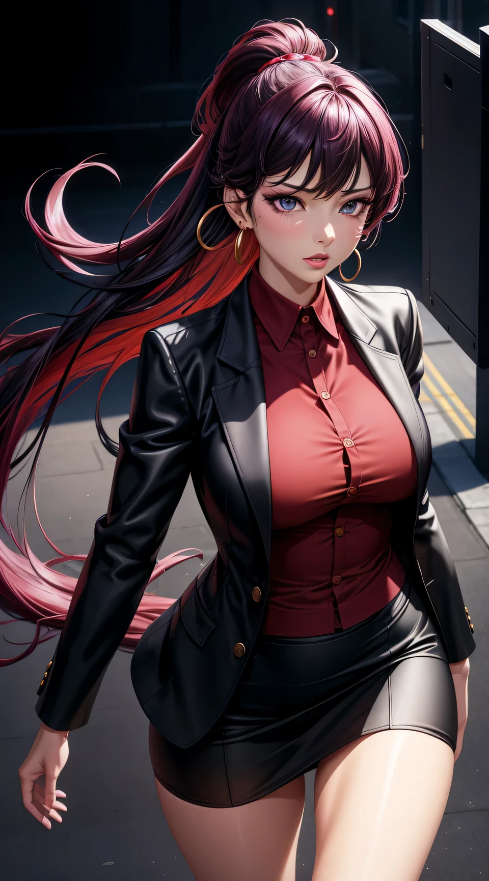 (best quality:1.5, highres, UHD, 4K, detailed lighting, shaders), black floral haired, gradient hair, large breasts, suit, red shirt, social shirt, short skirt, mature woman , (pov), black background, colorful eyeshadow, dramatic lighting, sparkling eyes, sensual expression, golden earrings, flowing hair, delicate facial features, dark skin, high cheekbones, urban setting, full body, black background, dont look for the camera, lean forward,  behind  the camera