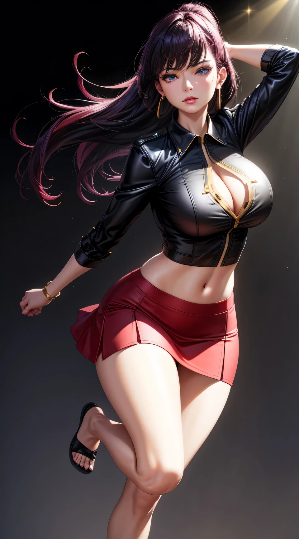 (best quality:1.5, highres, UHD, 4K, detailed lighting, shaders), black floral haired, gradient hair, large breasts, suit, red shirt, social shirt, short skirt, mature woman , (pov), black background, colorful eyeshadow, dramatic lighting, sparkling eyes, sensual expression, golden earrings, flowing hair, delicate facial features, dark skin, high cheekbones, urban setting, full body, black background, dont look for the camera, lean forward, behind the camera