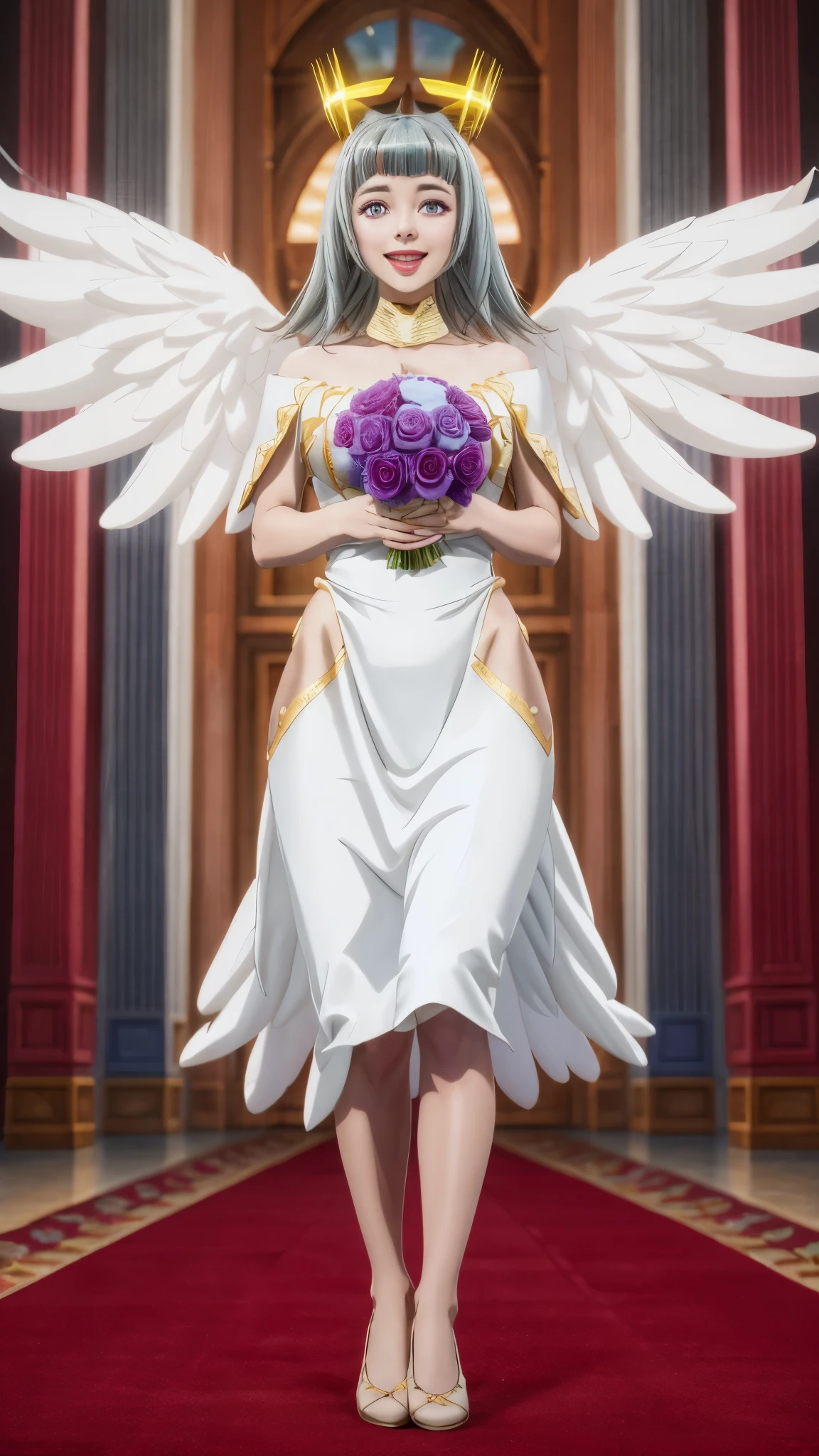 masterpiece, best quality, AltSiaV4, 1girl, solo, looking at viewer, smile, open mouth, dress, holding, full body, flower, :d, wings, white dress, rose, halo, feathers, feathered wings, blue flower, bouquet, blue rose, hip vent, gears, 