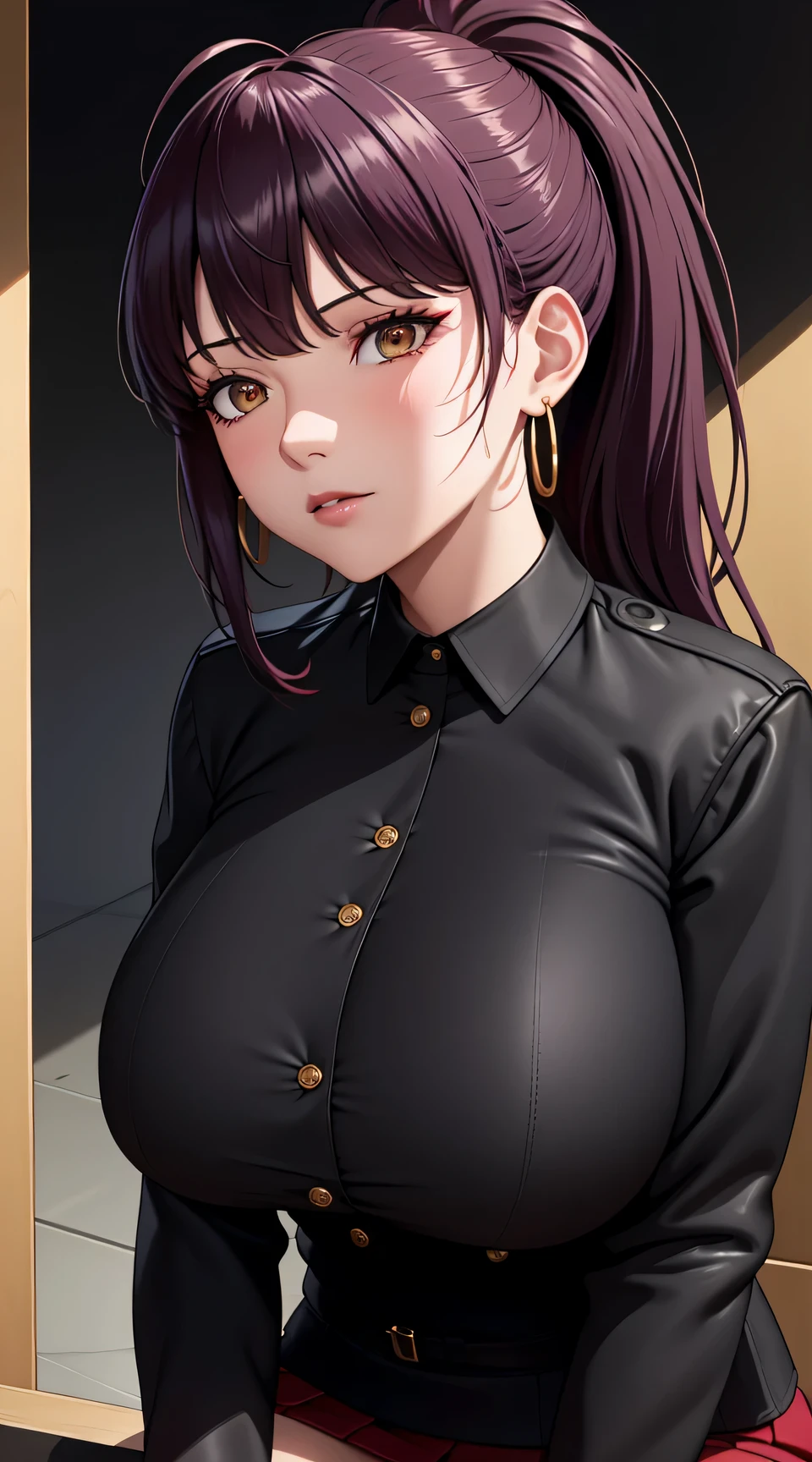 (best quality:1.5, highres, UHD, 4K, detailed lighting, shaders), black floral haired, gradient hair, ?????????????, suit, red shirt, social shirt, short skirt, mature woman , (pov), black background, colorful eyeshadow, dramatic lighting, sparkling eyes, sensual expression, golden earrings, flowing hair, delicate facial features, dark skin, high cheekbones, urban setting, full body, black background, dont look for the camera, lean forward,  behind  the camera