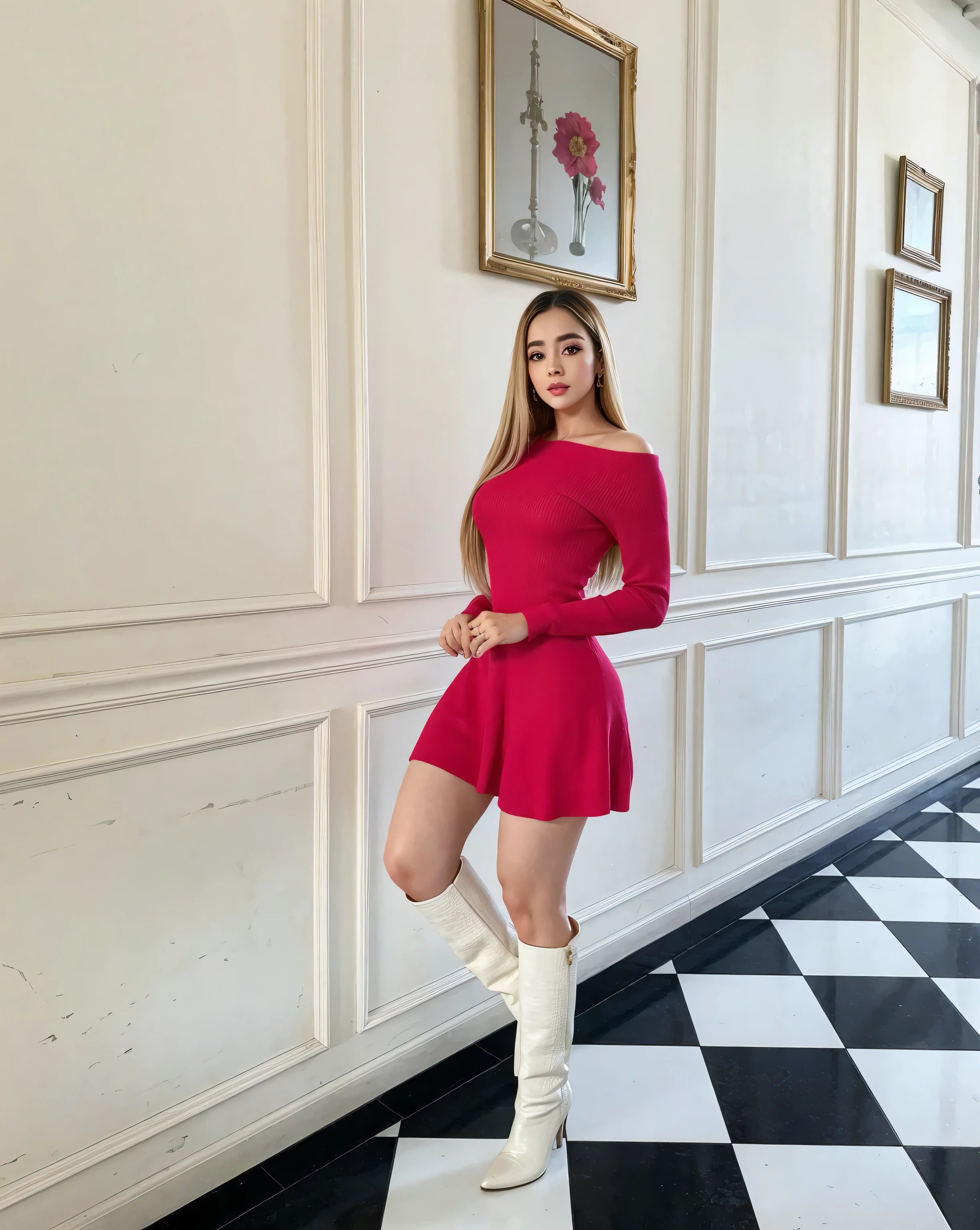 araffe posing con un vestido rojo and white boots in a hallway, dressed in a vestido rosa, con un vestido rojo, linda jovencita de cuerpo completo, cara bonita con brazos y piernas, wearing a vestido rosa, amy rosa vestido rojo, vestido rosa, by Emma Andijewska, dilraba dilmurat, en un vestido, hermosa dama