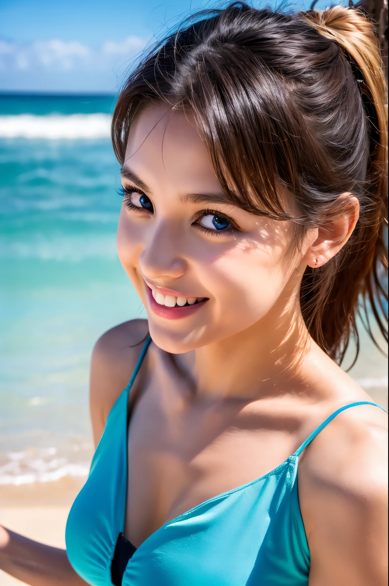 8K,American woman having fun at the beach,Super beautiful(like the real thing),model,cool blonde woman,sexyなビキニ,smile,masterpiece,Photorealistic RAW photos of the highest quality。bright colors,rich colors, Backlight, cinematic lighting, film grain, to be born, 50MM lens, Nikon D850,super realistic skin,fantasy art,character art,ultra high resolution,realistic scale skin,Perfect hand shape,view audience,smile,beautiful expression,Close-up,muscular slim body,Makeup,sexy,blue eyes,ダイナミックなsexyなポーズ,big breasts,wind effect,crawl on all fours,perspective from above,