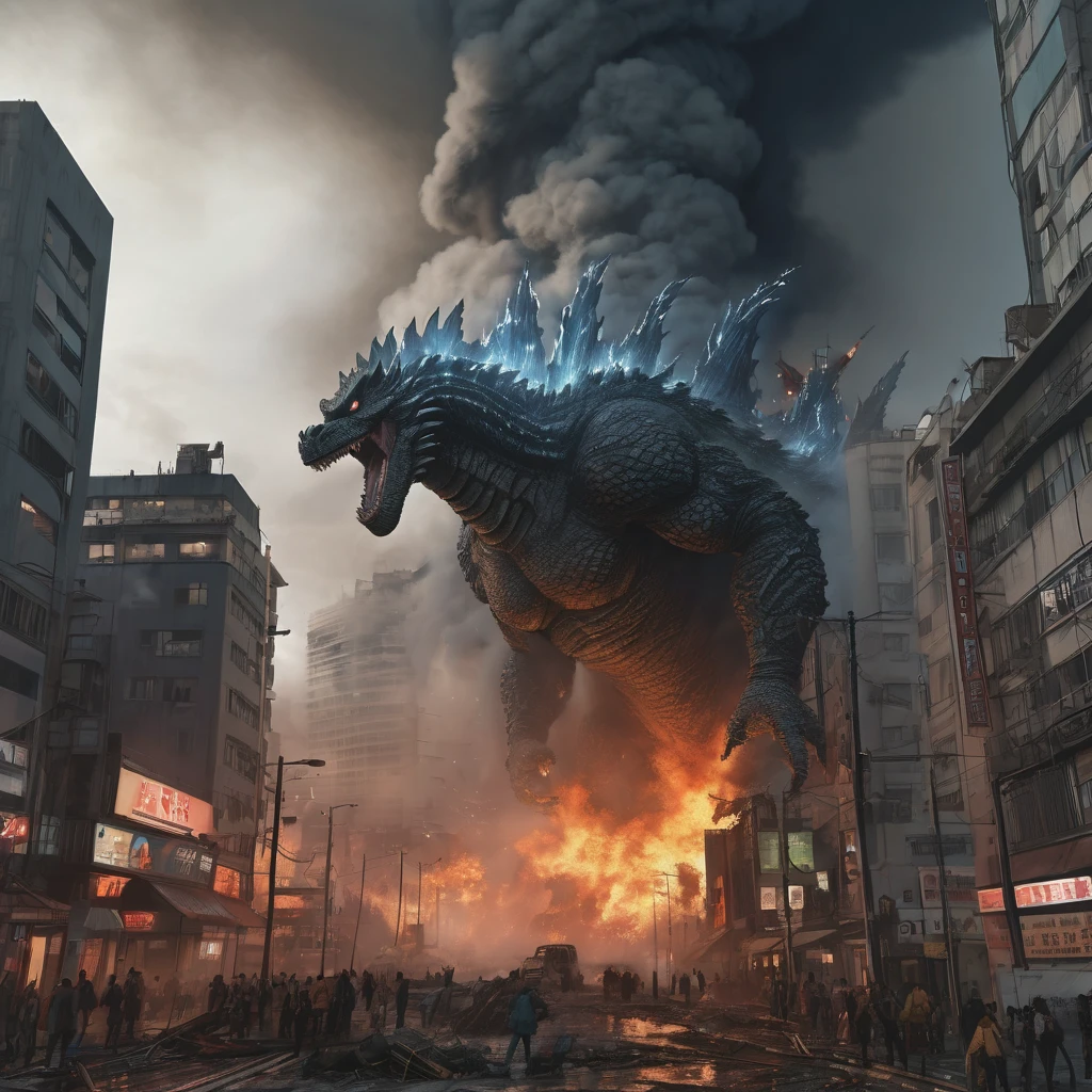 Godzilla, aesthetic, (best quality,ultra-detailed,photo-realistic:1.37),Godzilla,city destruction,fire-breathing monster,giant creature,dramatic lighting,breathtaking scale,Tokyo cityscape,roaring,destructive rampage,crumbling skyscrapers,terrified crowds,helicopters flying,scorching flames,chaotic scene,dark clouds,fear and chaos,monster emerging from the sea,dense smoke,rumbling footsteps,devastation,city in ruins,evacuation,heroic resistance,desperate fight,explosions,plumes of dust,streets in chaos,thick fog,emergency sirens,ruined infrastructure,dark atmosphere,rebuilding,post-apocalyptic landscape