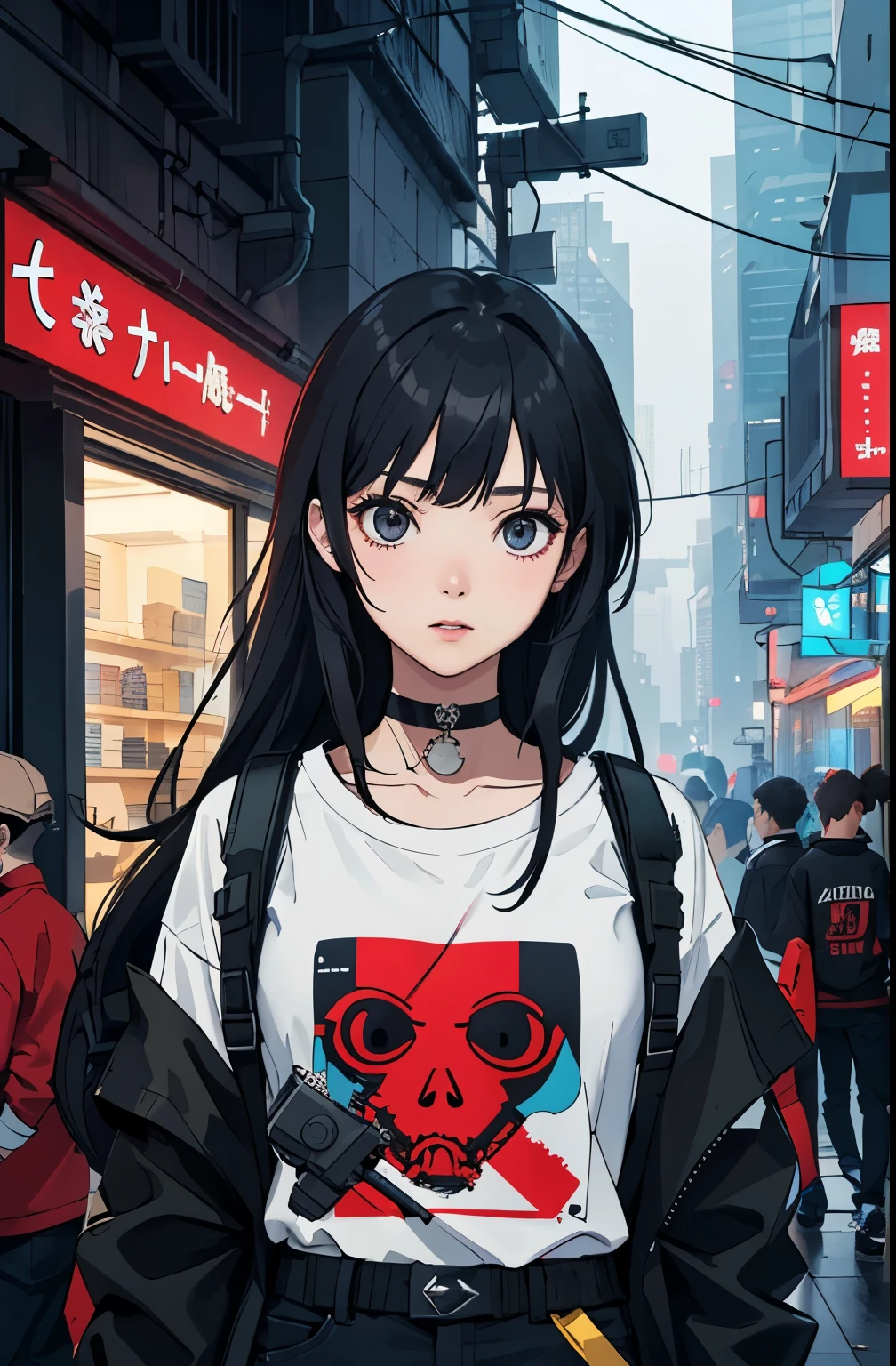 (better quality, masterpiece:1.2) | detailed eye:1.2 1 female ,sorindo (dynamic english, throw, face, long hair,gun shop) choker, shirt, オープンスウェットshirt, finely, masterpiece, cyberpunk style clothes