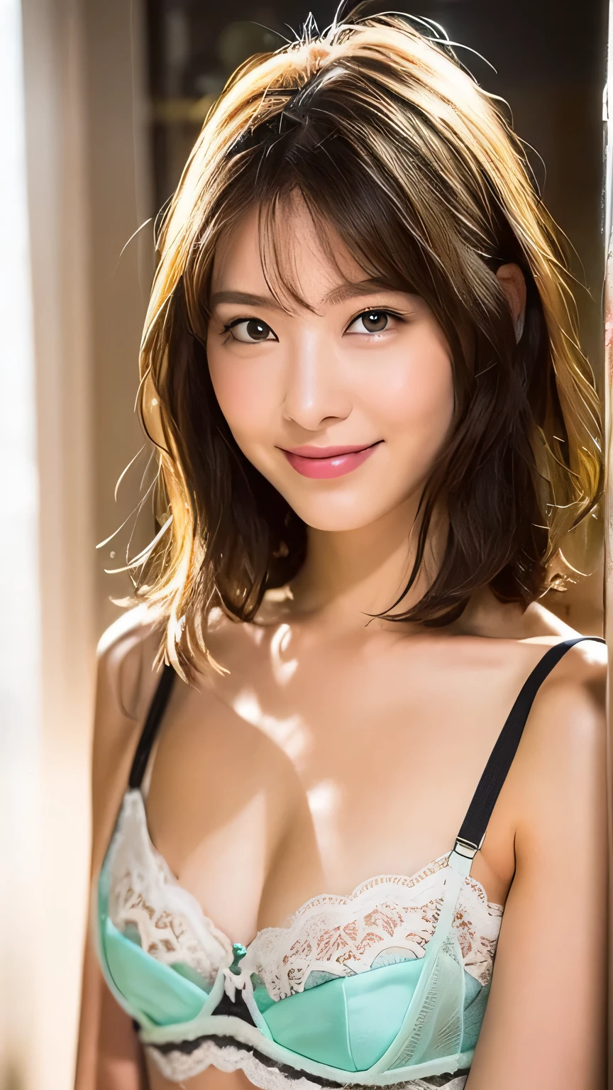 masterpiece, highest quality, Raw photo, Realistic Female Images、 big and full breasts、beautiful and perfect face,  soft smile、One 20-year-old girl、Depth of the bounds written, High resolution, super detailed, backstage changing room、finely, very detailed, very detailed目と顔, sharp pupils,bob hair、neat bangs、pink lace bra、F cup breasts、natural smile、real world、Emphasize cleavage、triumphant smile、The corners of the mouth rise、Translucency、small face、pink rouge、thin lips、I noticed it while I was getting changed.、